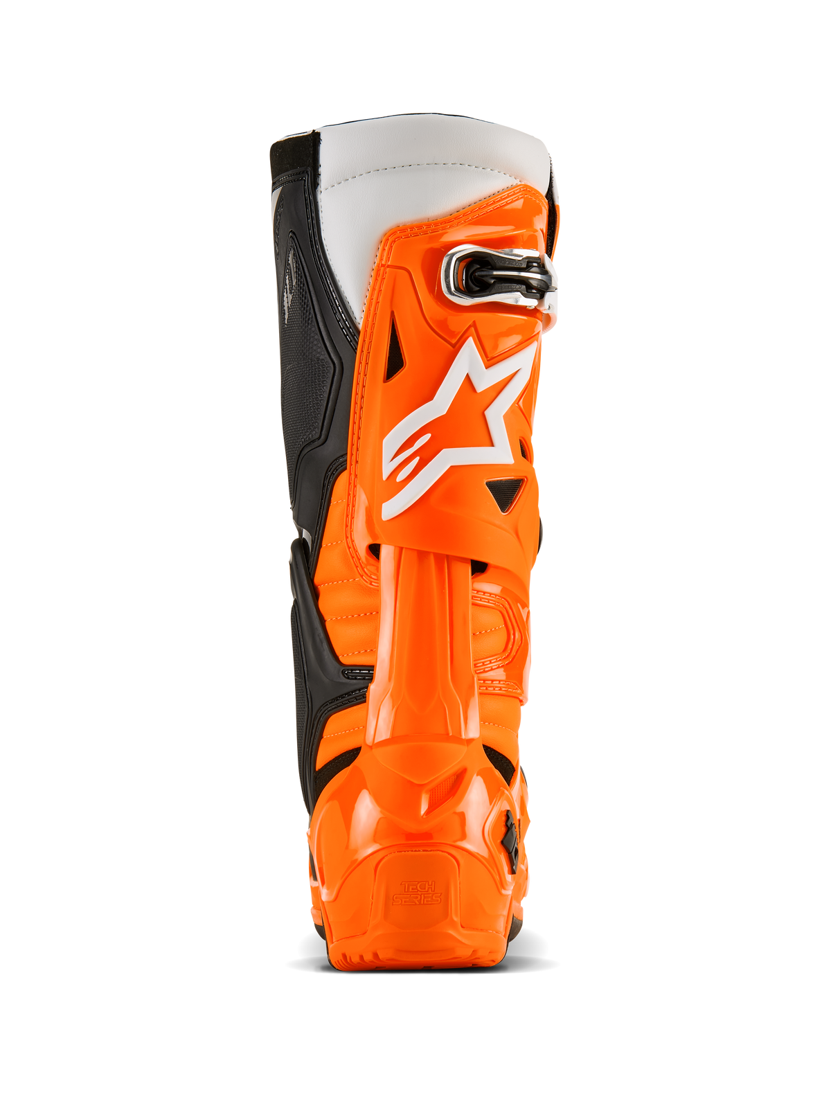 Bottes Alpinestars Tech 10 Enduro, vue arrière, orange fluo, noir et blanc, coque de protection en TPU orange vif, logo Alpinestars blanc, panneaux latéraux noirs et protection du talon spécialisée pour la conduite tout-terrain
