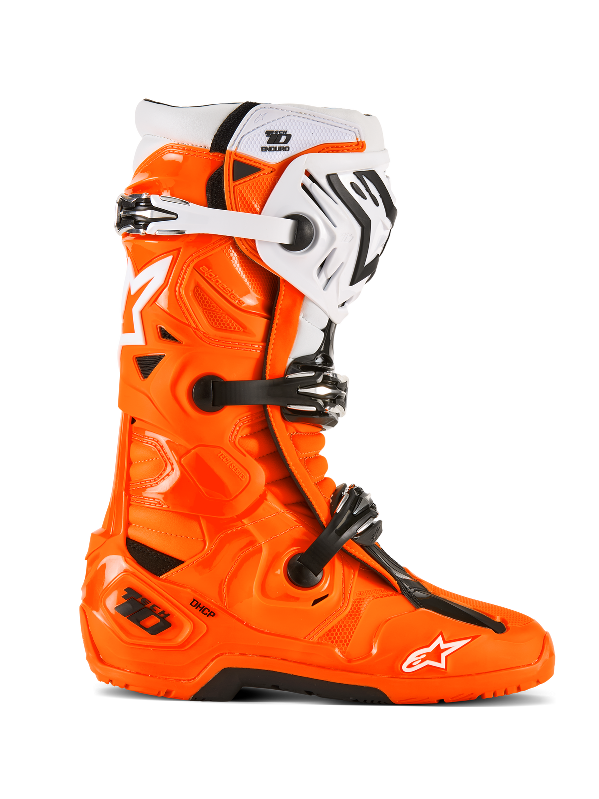 Bottes Alpinestars Tech 10 Enduro, bottes de motocross tout-terrain, orange fluo avec accents noirs et blancs, vue latérale présentant le système de fermeture à triple boucle, une semelle noire robuste et une construction protectrice en TPU pour la pratique de l'enduro.