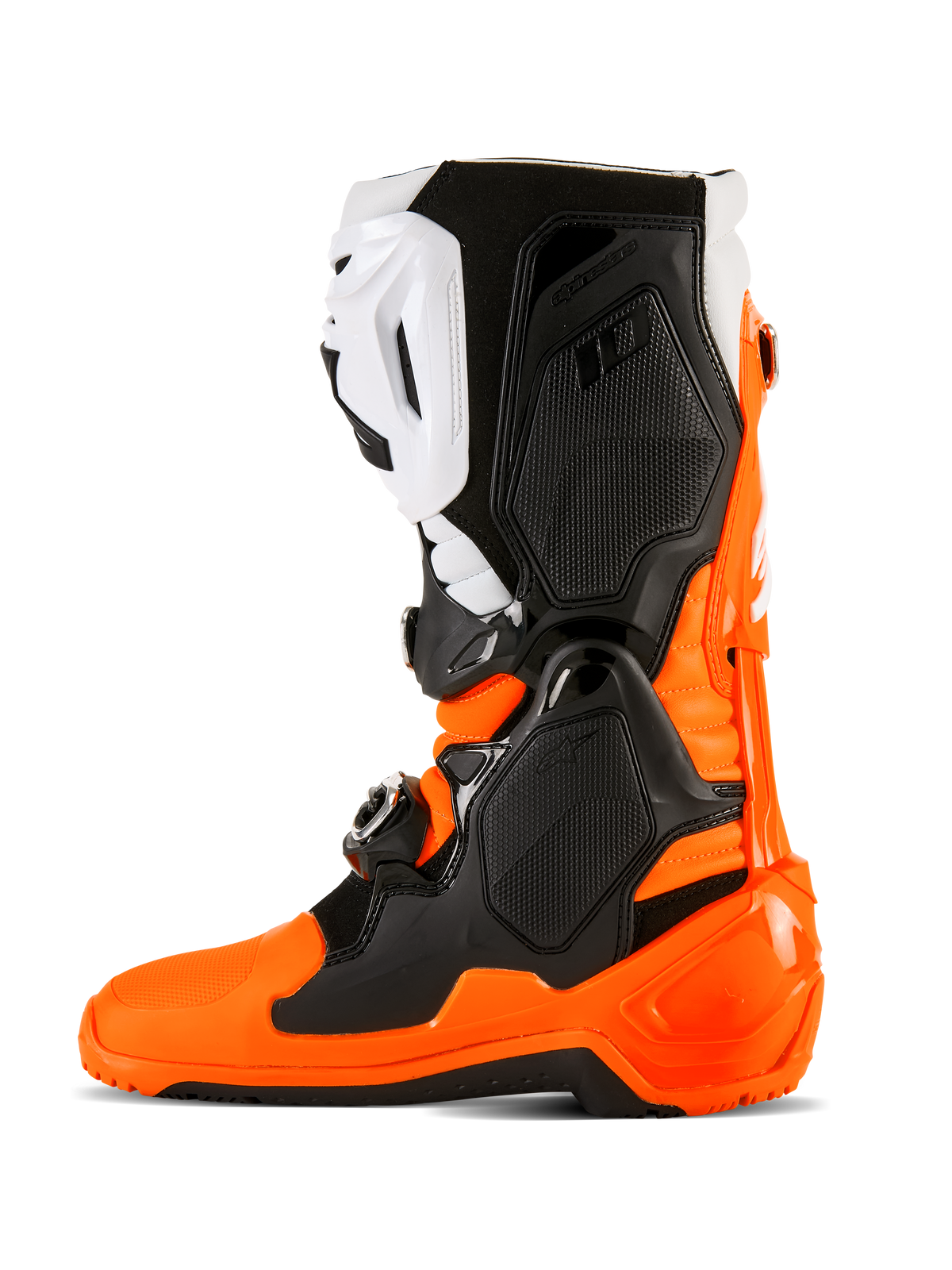 Bottes Alpinestars Tech 10 Enduro, orange fluo, noir et blanc, bottes de motocross et tout-terrain haute performance avec système de fermeture à triple boucle, panneaux de protection en TPU et semelle bi-composant spécifique à l'Enduro pour une meilleure adhérence.
