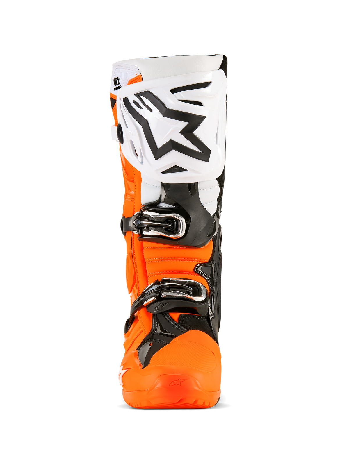 Bottes Alpinestars Tech 10 Enduro, bottes de motocross, orange fluo, noir et blanc, vue de face avec une large plaque de tibia blanche et le logo Alpinestars noir, des boucles noires et une coque de protection orange robuste