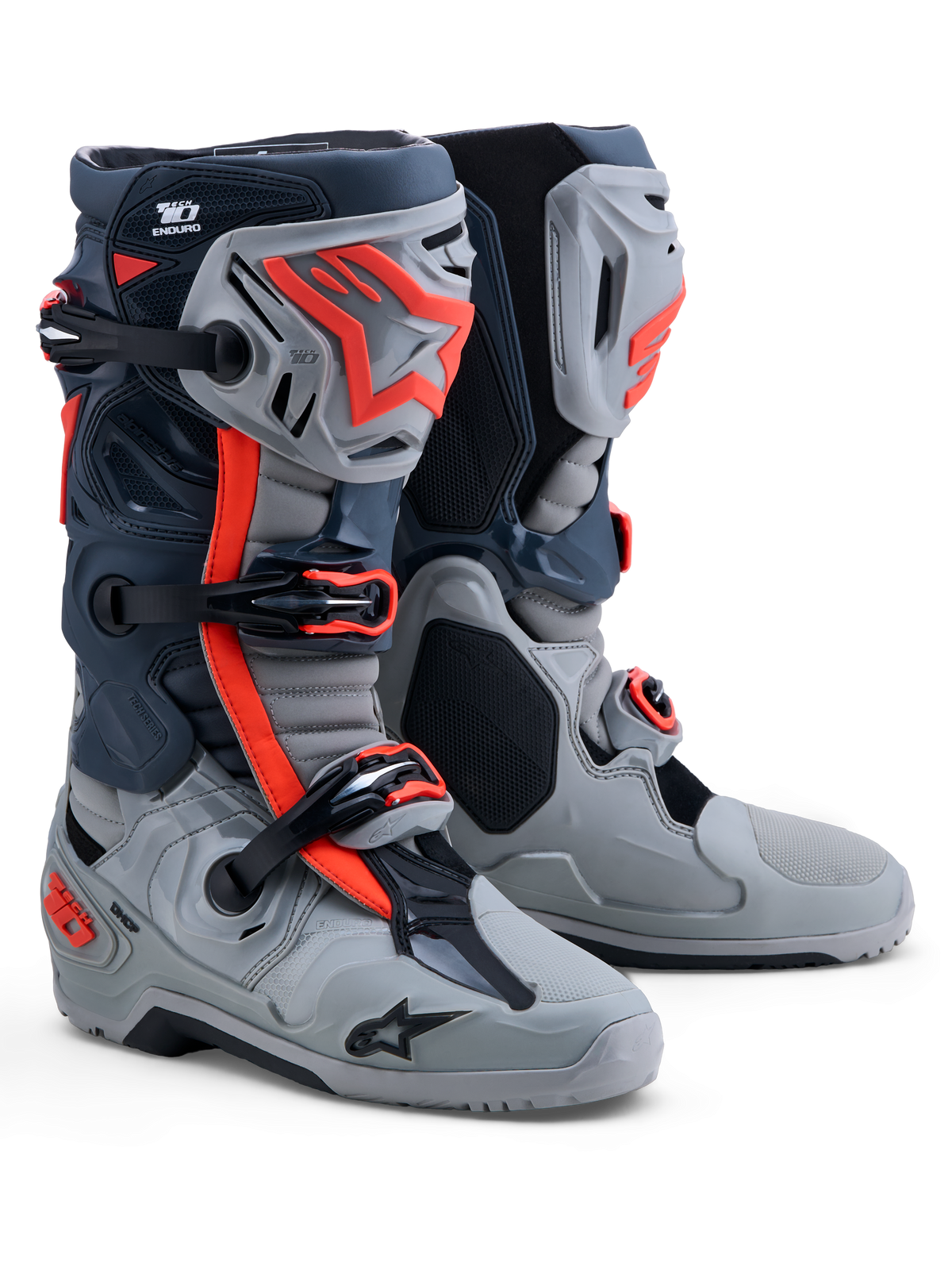 Alpinestars Tech-10 Enduro, bottes de moto tout-terrain pour homme, gris et rouge fluo, dotées de protections en TPU, certifiées CE, système de fermeture à boucles haute performance