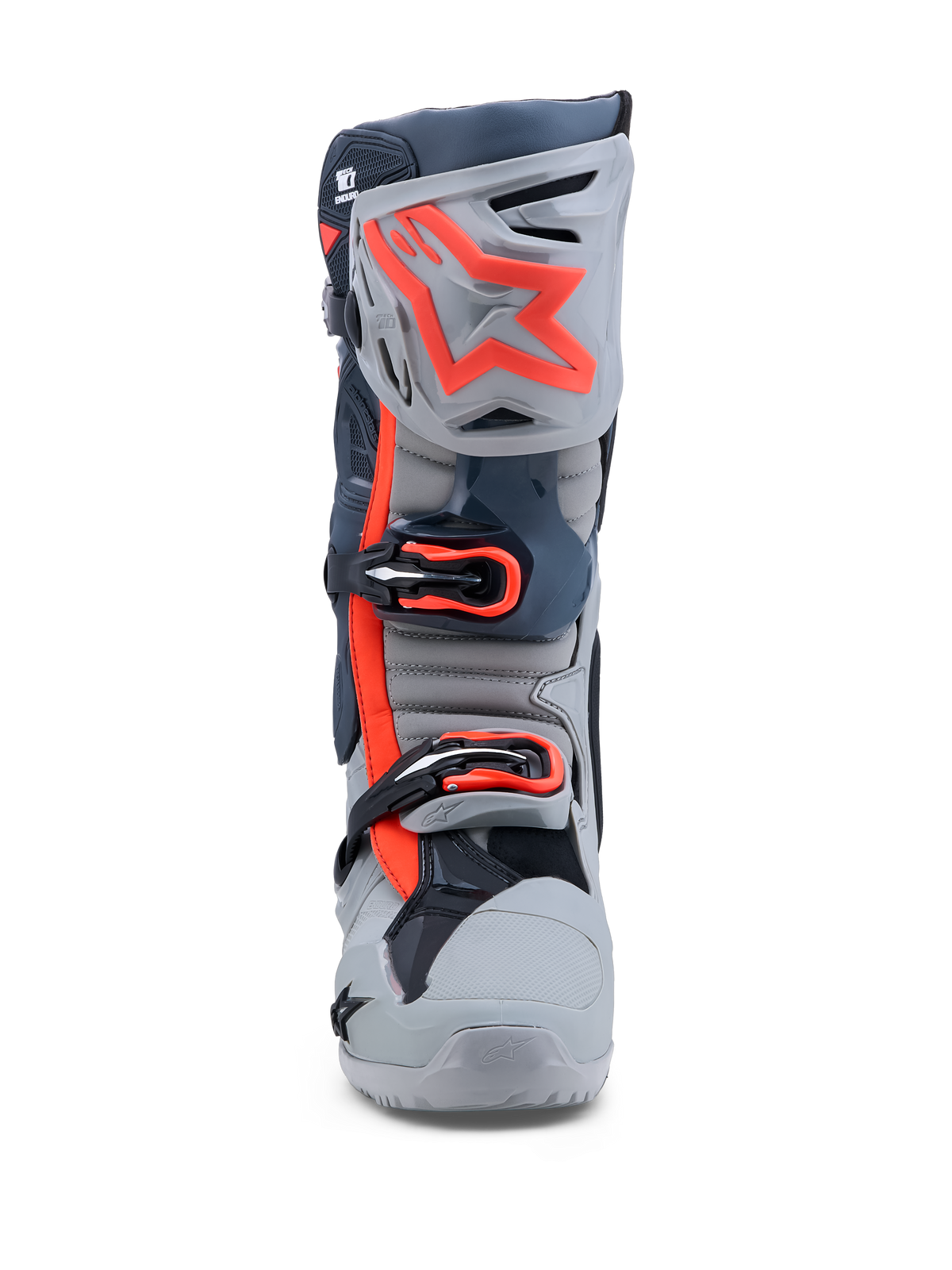 Alpinestars Tech-10 Enduro, bottes de motocross grises et rouge fluo, avec fermeture à triple boucle et plaque tibiale en TPU