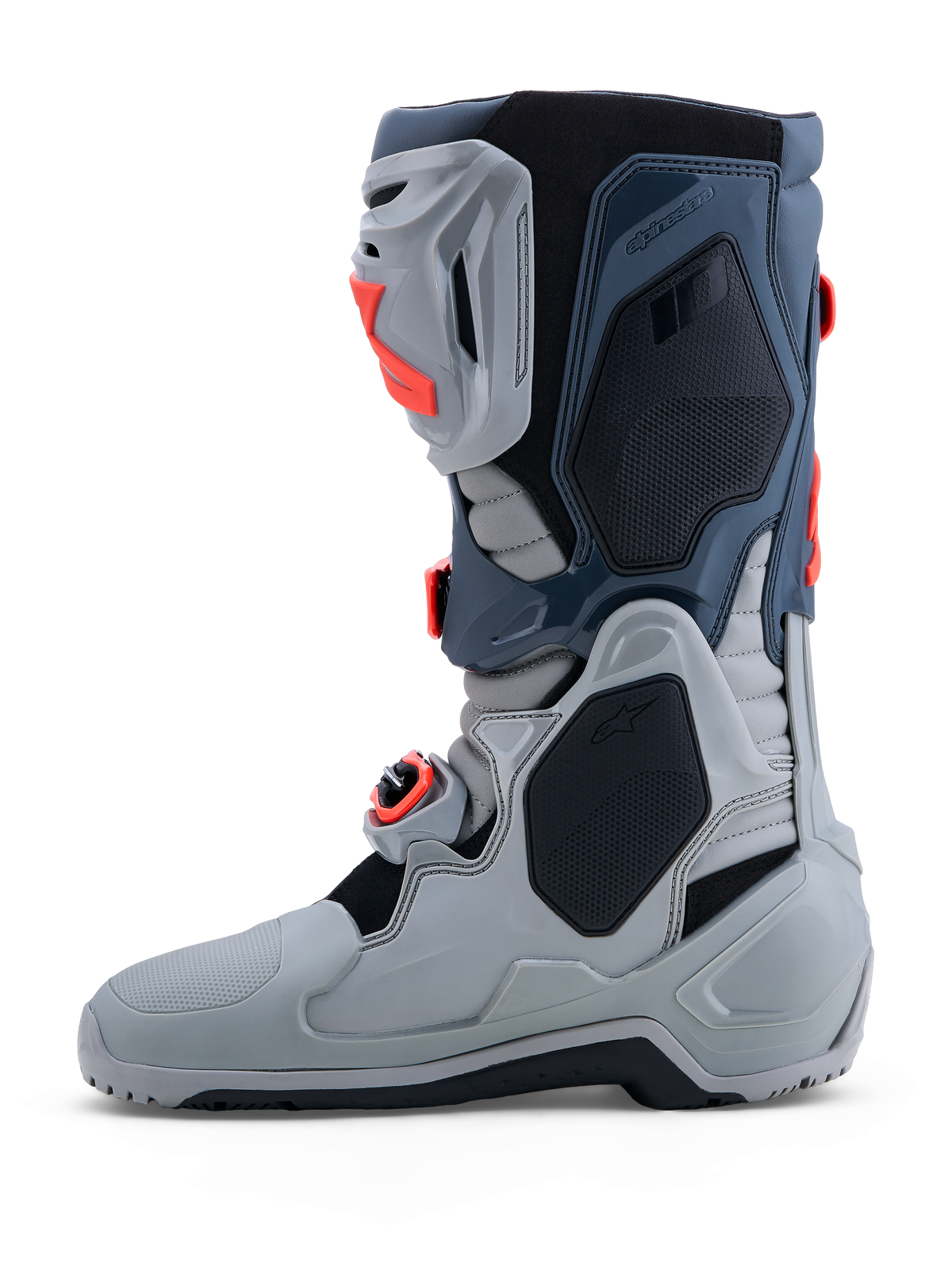 Alpinestars Tech-10 Enduro, bottes de moto tout-terrain grises et rouges pour homme, avec protection en TPU et boucles.