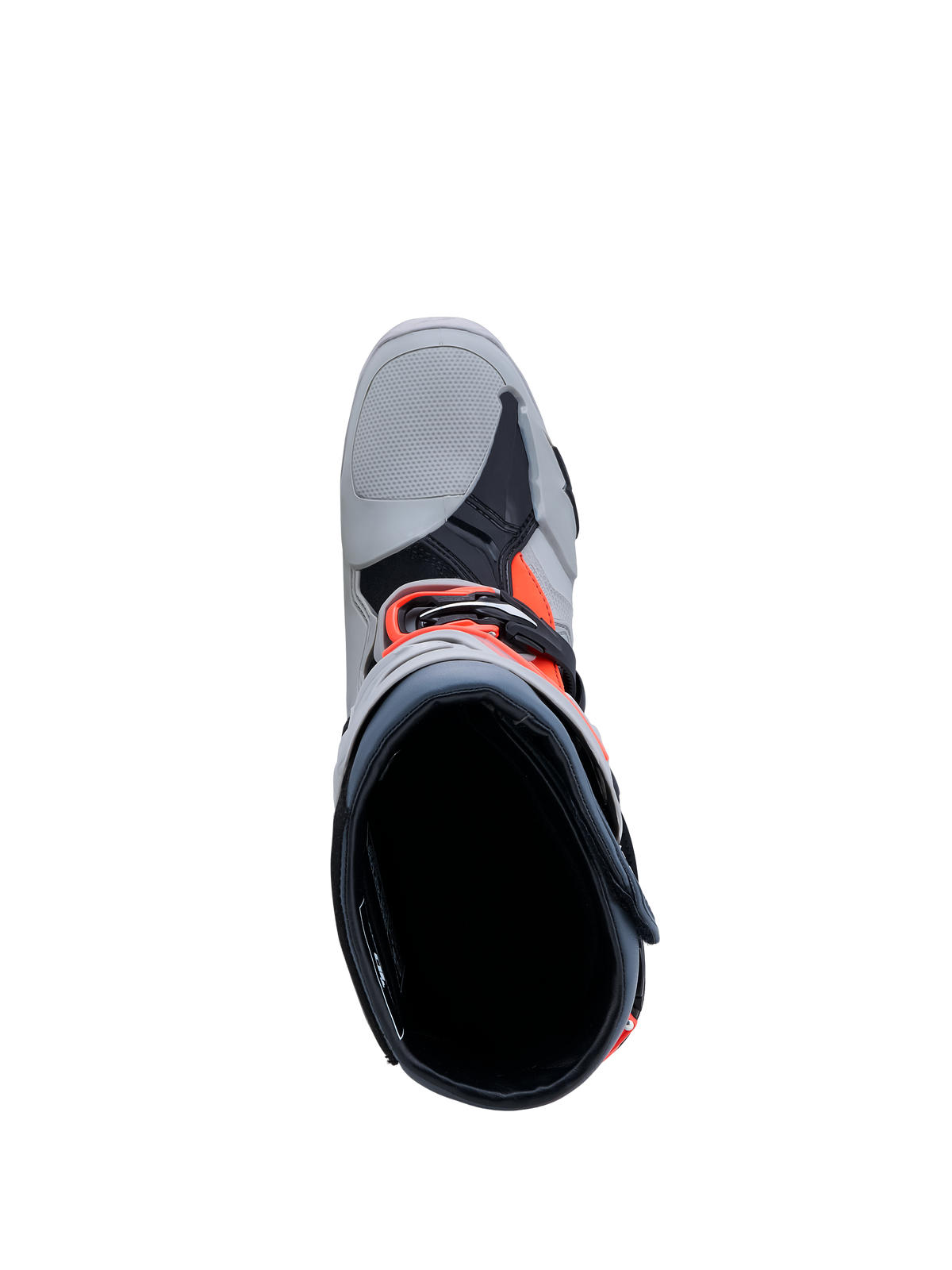 Alpinestars Tech-10 Enduro, bottes de motocross et enduro pour homme, grises et rouges fluo, vue de dessus détaillant l'intérieur et les boucles de fermeture.