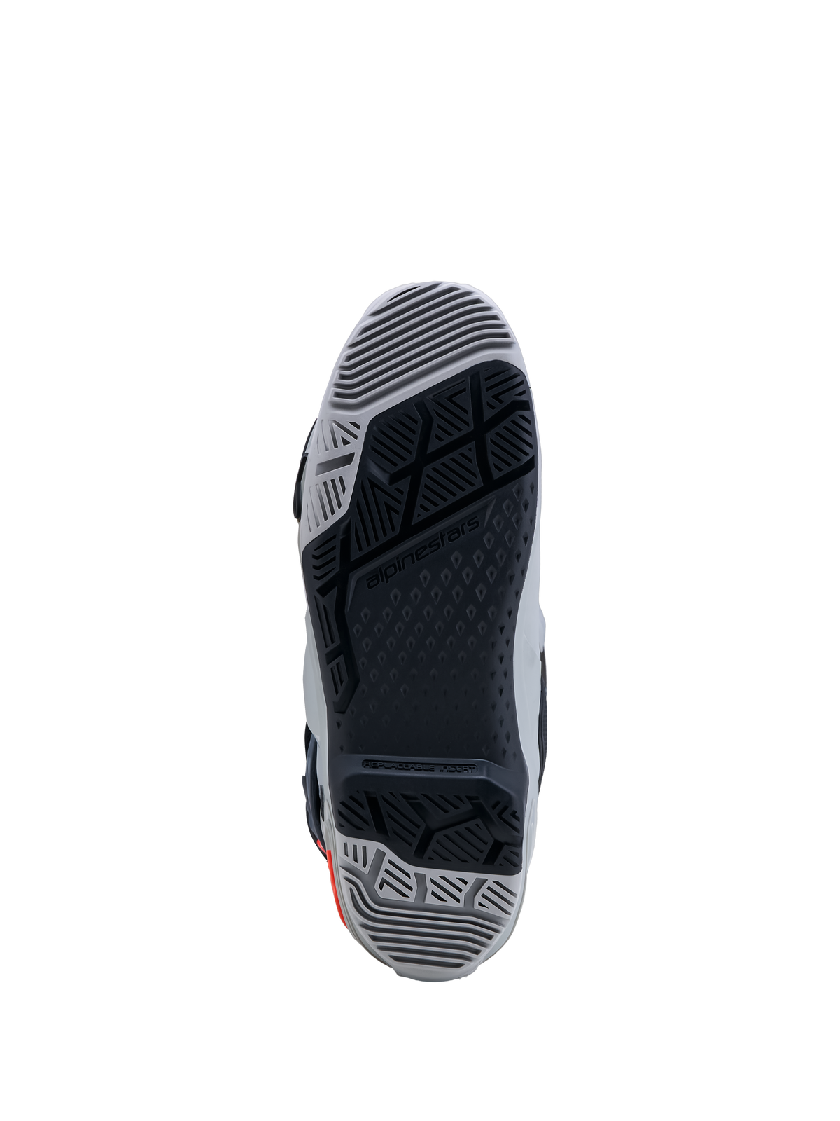 Alpinestars Tech-10 Enduro, semelle grise et noire à double composé avec insert remplaçable pour une adhérence maximale.