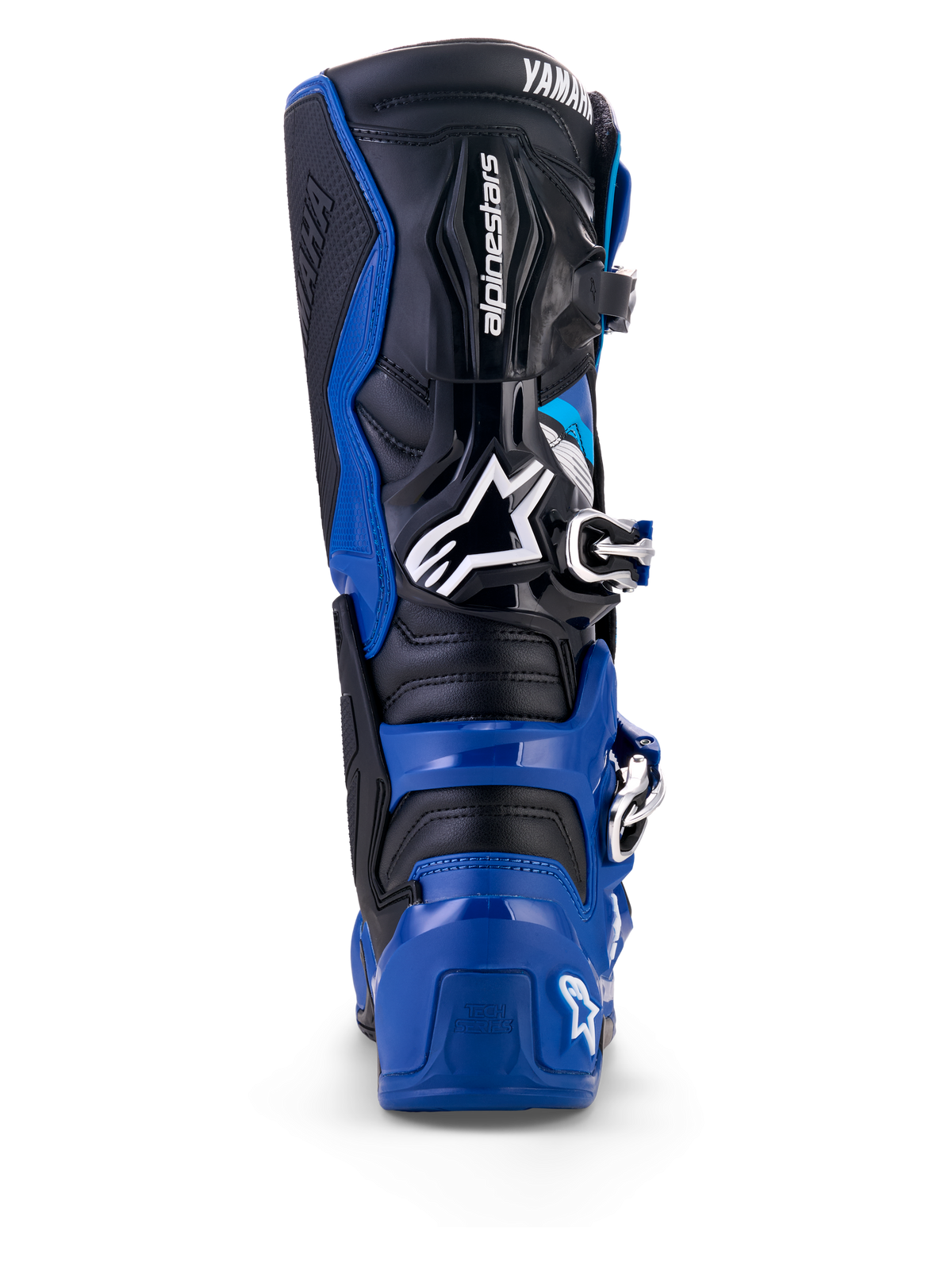 Vue arrière des bottes Alpinestars Yamaha Tech 7 en bleu, noir et blanc, dotées d'une coque de protection en TPU, d'un système de cheville articulé et de logos Alpinestars et Yamaha proéminents, conçues pour le motocross et la conduite tout-terrain.