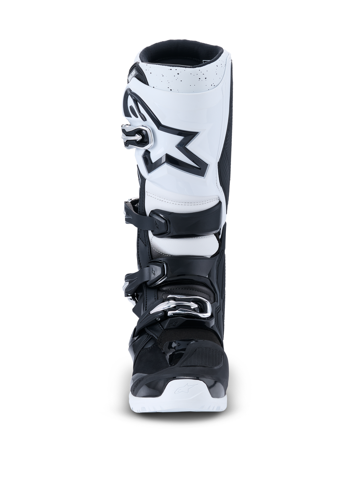 Alpinestars 2026 Tech 7 Enduro Boots, Motocross Boots, Black and White, front view featuring a white shin plate with a black star logo, four-buckle closure system, and durable white outsole