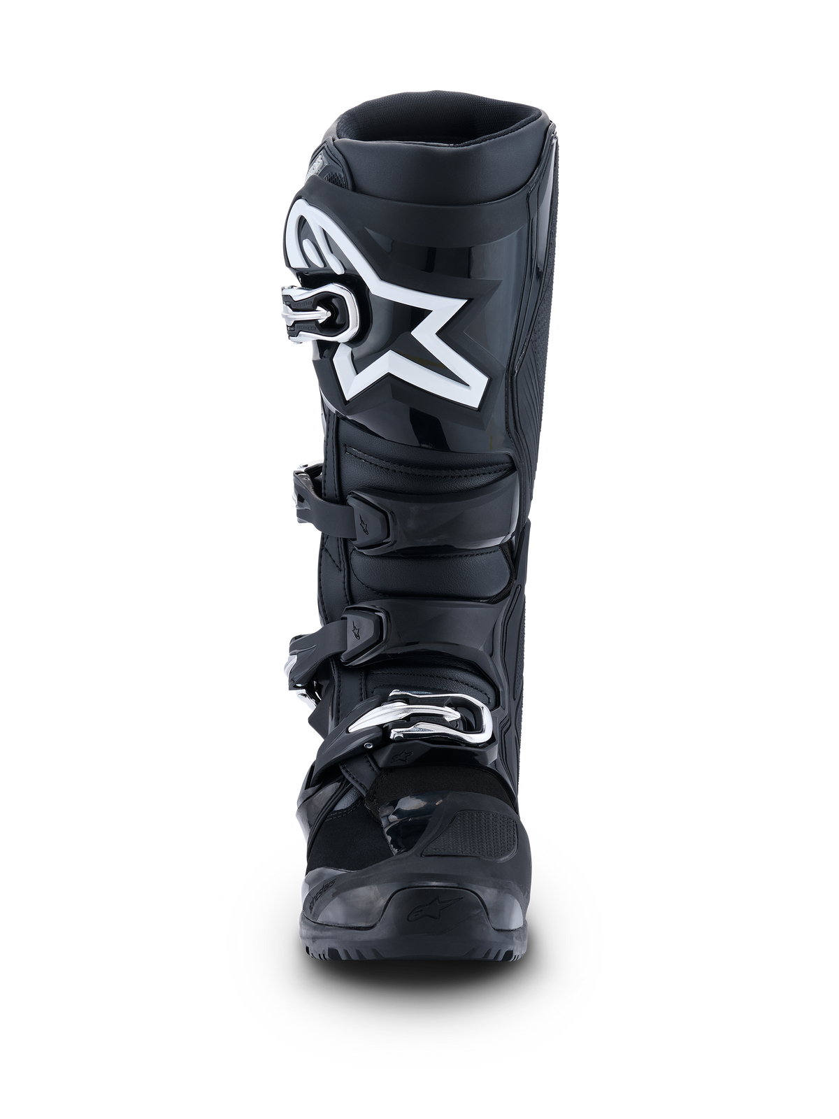 Bottes Alpinestars 2026 Tech 7 Enduro, noir anthracite blanc, vue de face avec logo étoile blanc proéminent sur la plaque tibiale, système de quatre boucles à dégagement rapide et structure de protection renforcée pour l'enduro et le tout-terrain