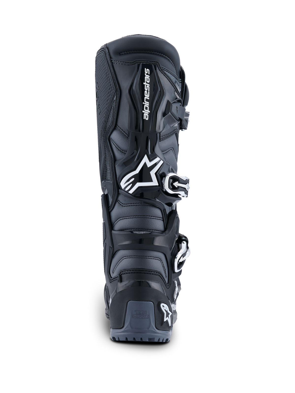Bottes Alpinestars 2026 Tech 7 Enduro, vue arrière, noir anthracite et blanc, bottes de moto tout-terrain avec logo Astar blanc, système de fermeture à boucles et protection du talon en TPU