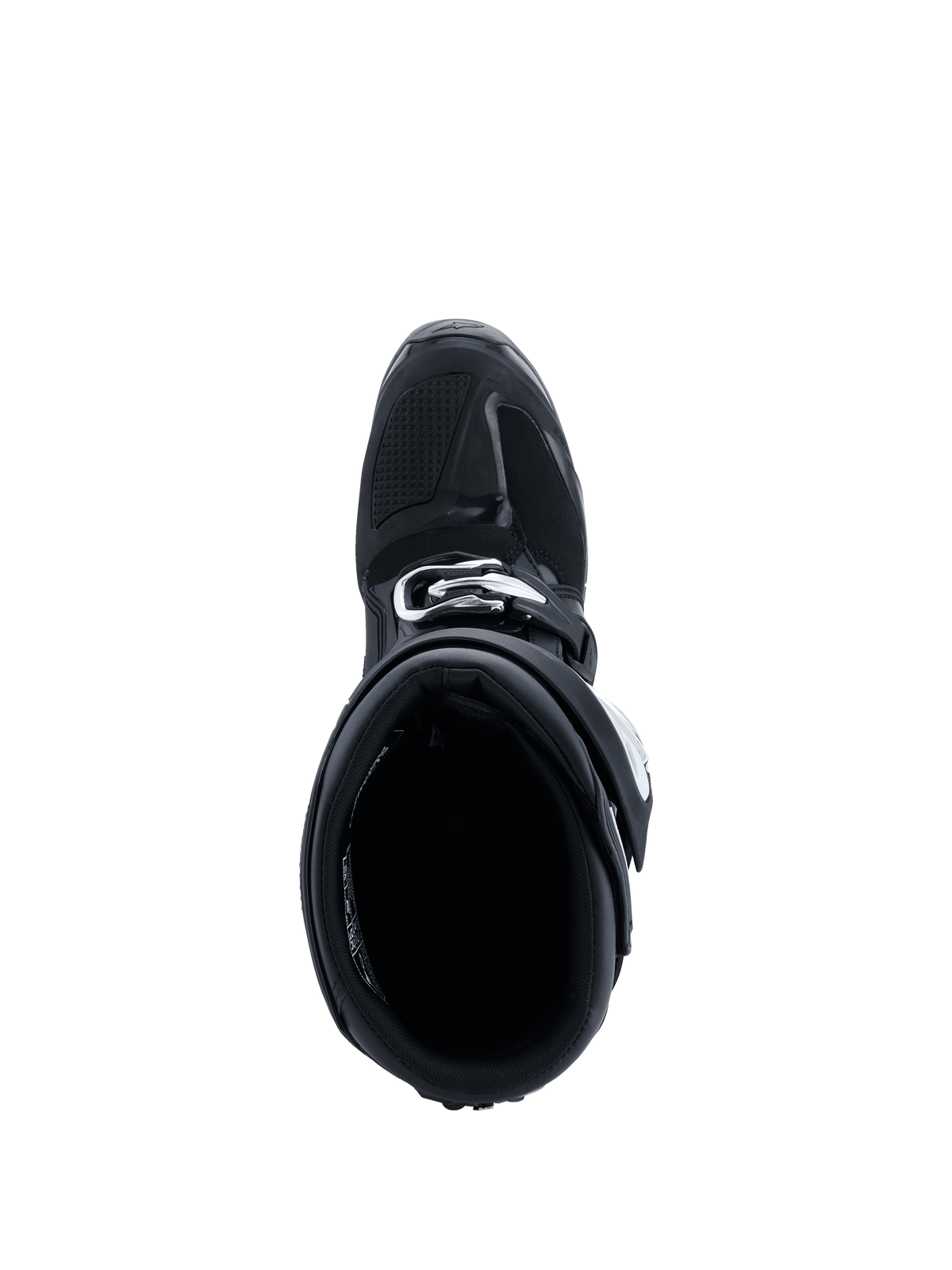 Bottes Alpinestars 2026 Tech 7 Enduro, bottes de moto tout-terrain, Noir Anthracite Blanc, vue de dessus de l'ouverture de la botte, montrant la doublure intérieure rembourrée et le système de fermeture à boucles, construction protectrice durable pour l'enduro.