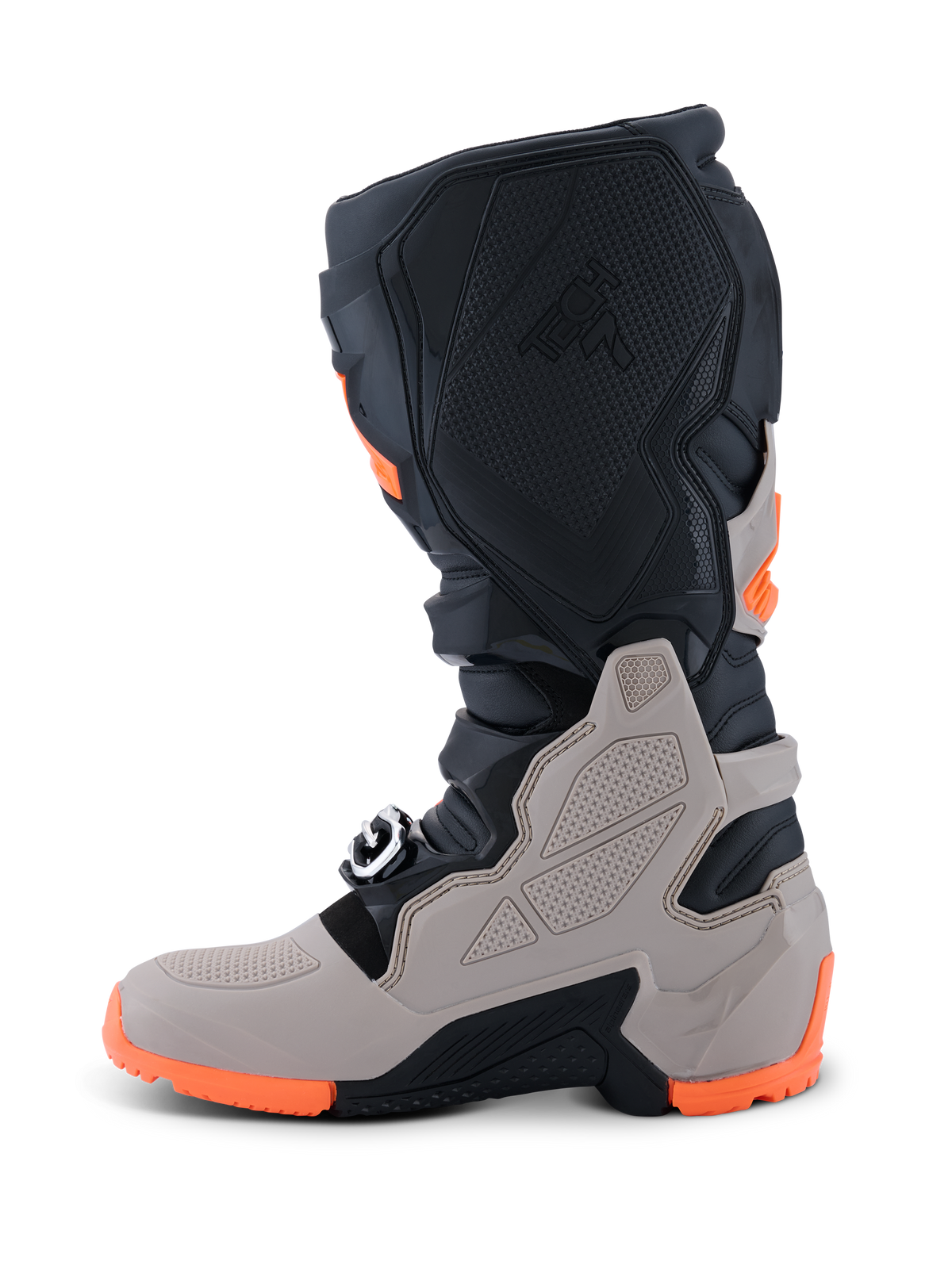 Bottes Alpinestars 2026 Tech 7 Enduro, bottes de motocross et d'enduro, noir, gris chaud et orange fluo, vue latérale avec semelle robuste à double composé, protections en TPU sur le tibia et la cheville, et marquage Tech 7 embossé.