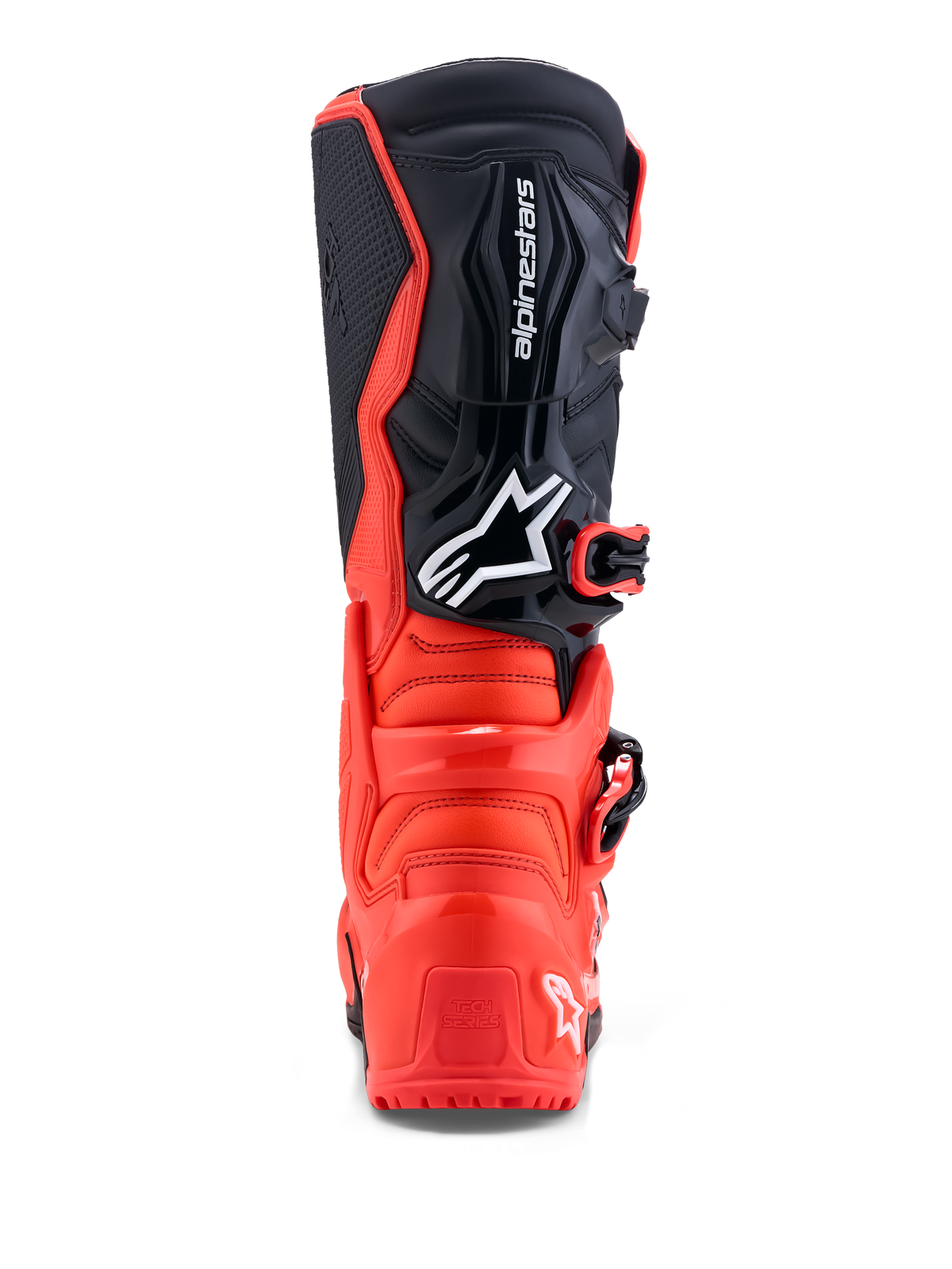 Alpinestars Tech 7 Enduro, bottes de moto tout-terrain pour homme, rouges et noires, certifiées CE, vue de dos avec renforts en TPU pour la protection du talon et du mollet