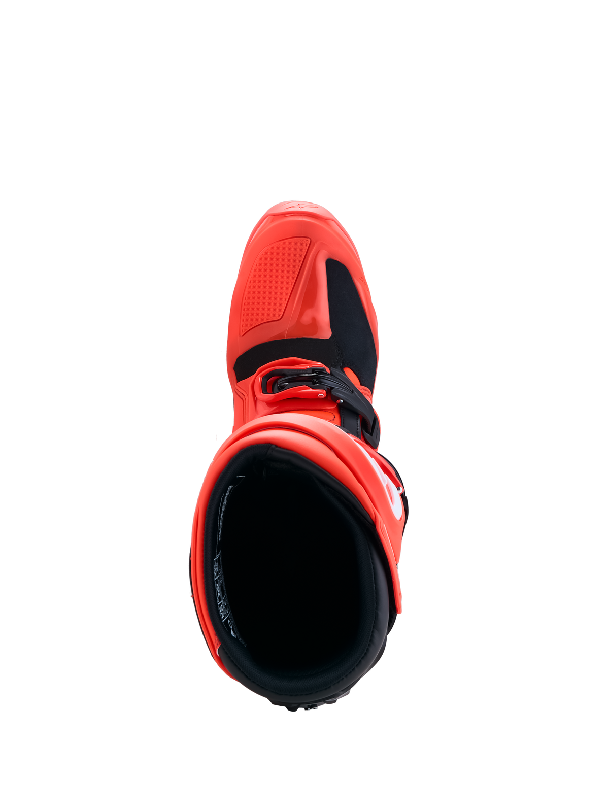 Alpinestars Tech 7 Enduro, bottes de moto tout-terrain, rouges et noires, vue de dessus de la structure en TPU.