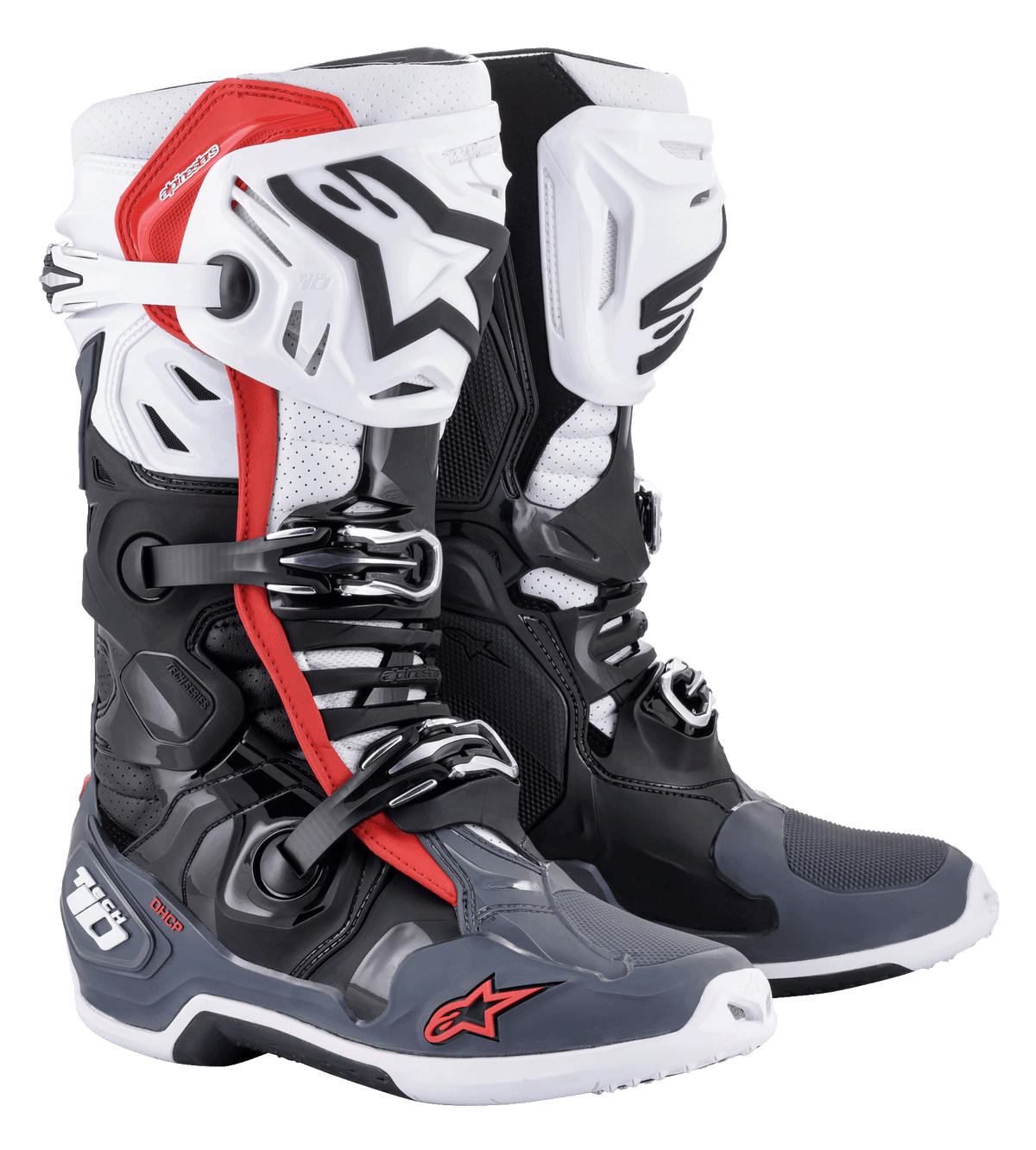 Bottes Alpinestars Tech 10 Supervented, bottes de motocross, noir, blanc, gris moyen et rouge, avec plaques de tibia ventilées, construction en microfibre perforée pour la circulation de l'air, système de fermeture à boucles multiples et logos Alpinestars sur la pointe et le talon.