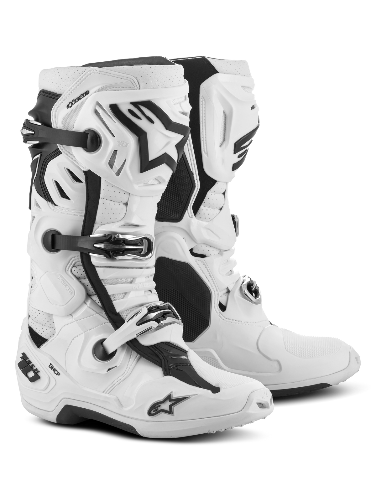 Bottes Alpinestars Tech 10 Supervented, bottes de motocross, blanches, dotées d'entrées d'air à l'avant, d'un protège-tibia ventilé et d'un système de boucles réglables, chaussures de course tout-terrain haute performance