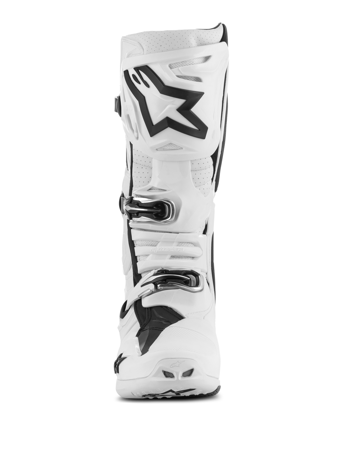Bottes Alpinestars Tech 10 Supervented, bottes de motocross, blanches avec accents noirs, vue de face montrant le grand logo Astar noir sur la plaque tibiale, système de fermeture à boucles et sections perforées pour la ventilation.