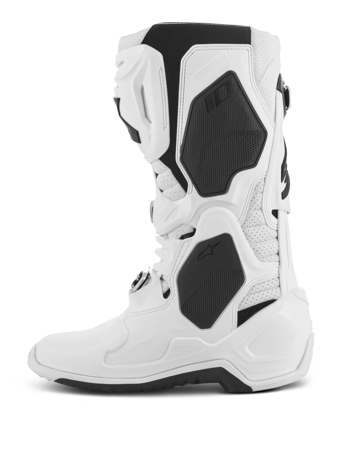 Bottes Alpinestars Tech 10 Supervented, bottes de motocross, blanches, vue de profil, avec panneaux en TPU noirs et construction en microfibre perforée, plaque tibiale ventilée pour un flux d'air élevé, équipement de course tout-terrain professionnel