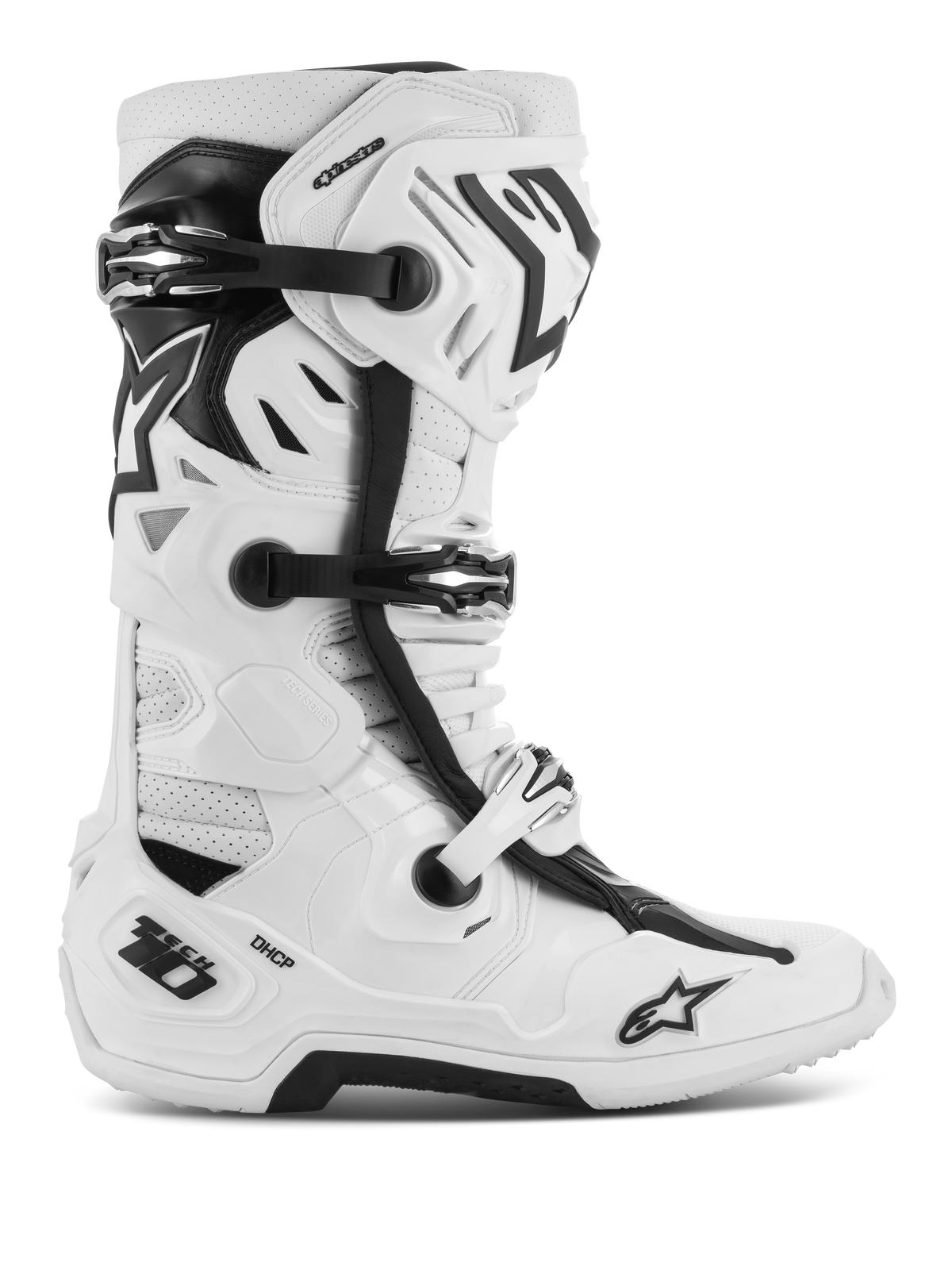 Bottes Alpinestars Tech 10 Supervented, bottes de motocross tout-terrain, blanches et noires, avec plusieurs boucles réglables, panneaux de ventilation perforés et un design montant robuste et protecteur