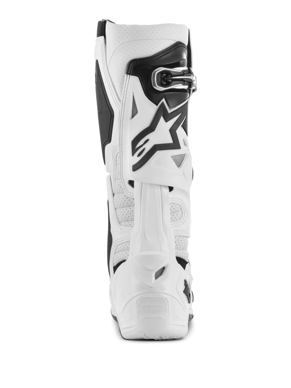 Bottes Alpinestars Tech 10 Supervented, bottes de motocross blanches, vue arrière avec microfibre perforée pour la circulation de l'air, système de lame arrière en TPU blanc, logo étoile noir et fermeture par boucle sécurisée, chaussures tout-terrain haute performance