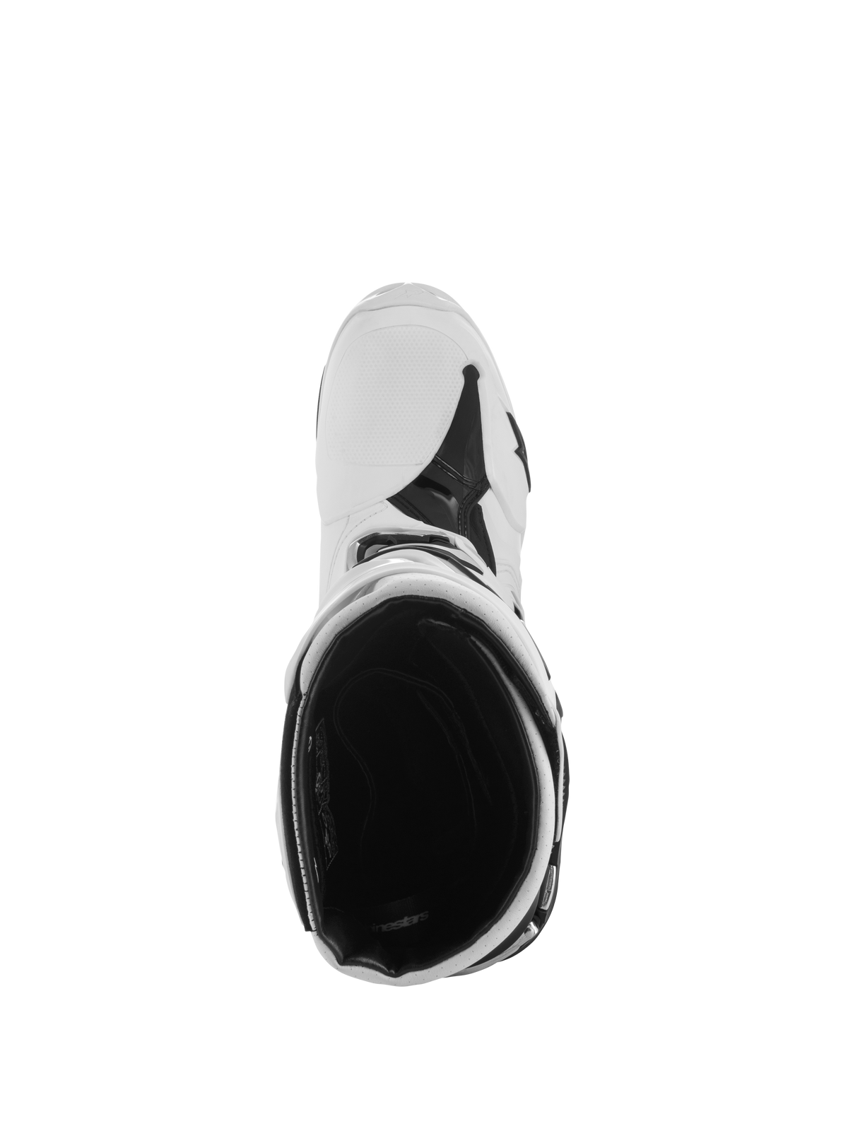Bottes Alpinestars Tech 10 Supervented, bottes de motocross, blanc et noir, vue de dessus montrant la doublure intérieure en maille et la construction ventilée, chaussures de protection professionnelles pour le motocross