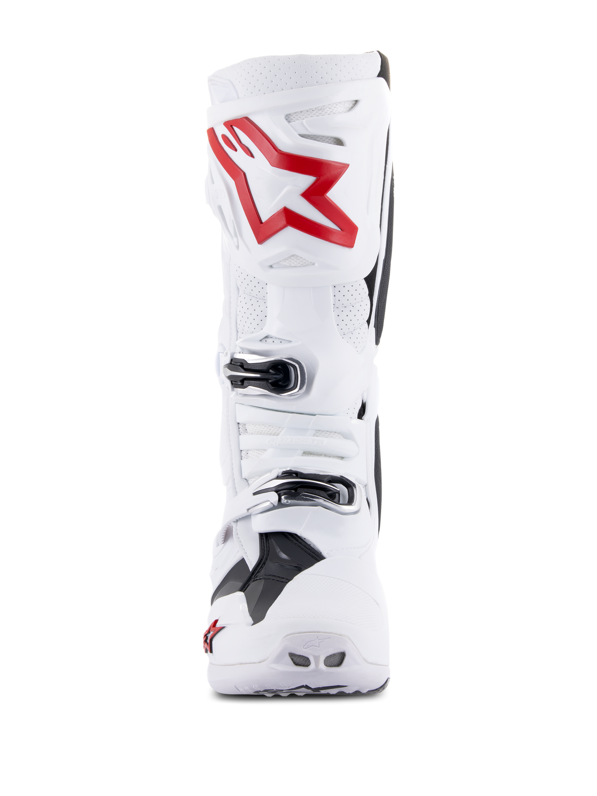 Bottes Alpinestars Tech 10 Supervented, blanc et rouge vif, vue de face montrant les panneaux perforés ventilés, grand logo étoile rouge sur la plaque tibiale, boucles argentées réglables, design de motocross haute performance
