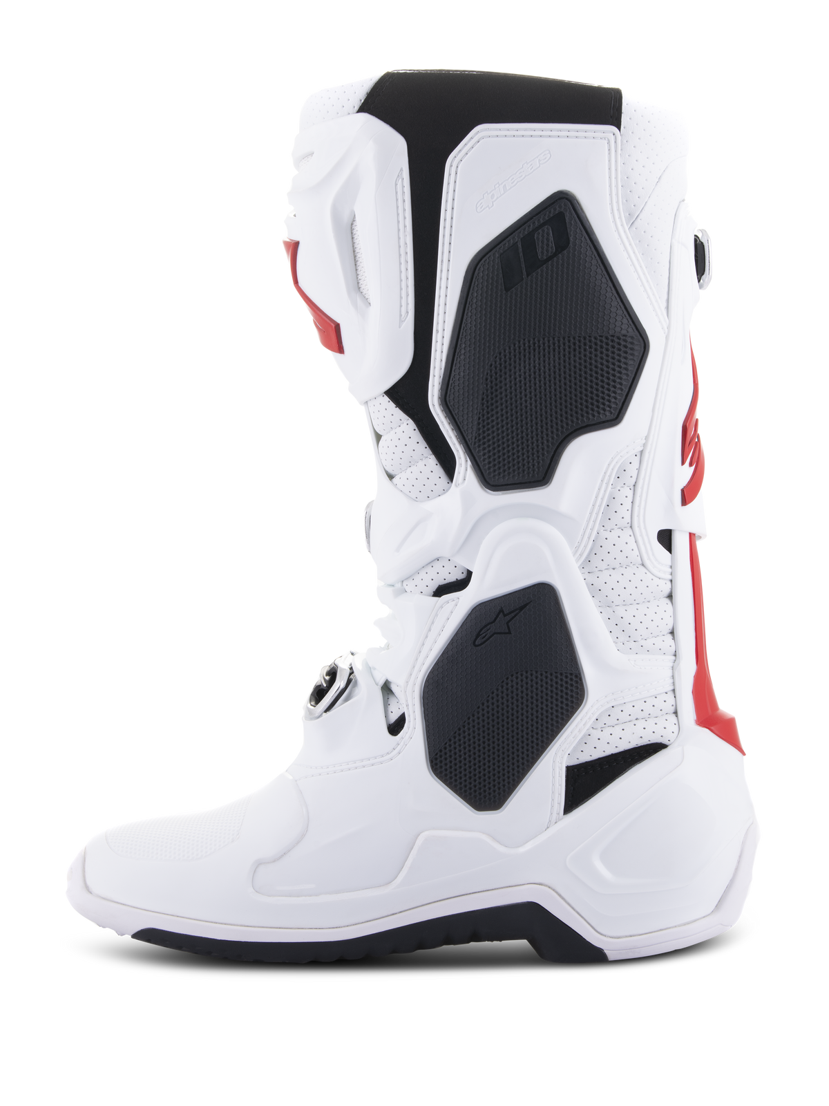 Bottes Alpinestars Tech 10 Supervented, bottes de motocross, blanc et rouge vif avec accents noirs, vue de profil mettant en avant la construction ventilée et la coque de protection en TPU