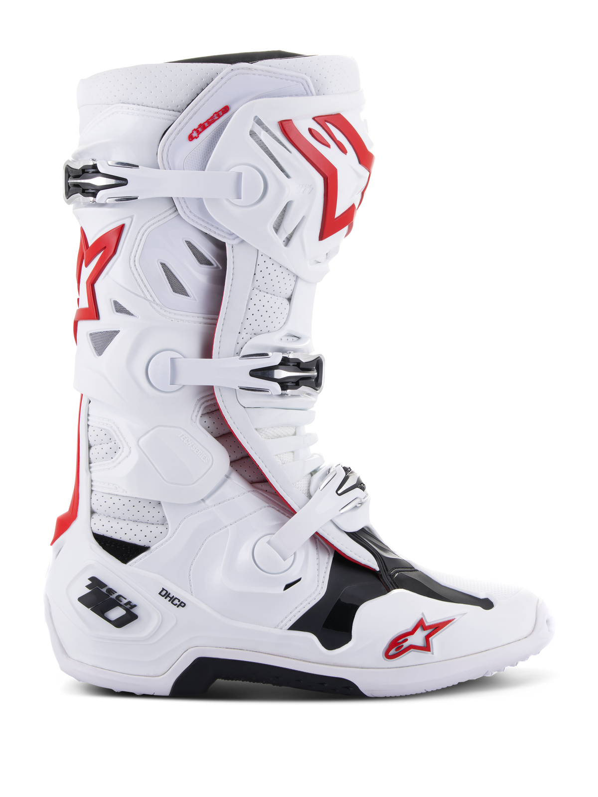 Bottes Alpinestars Tech 10 Supervented, bottes de motocross et de course tout-terrain, blanches, rouges et noires, système de fermeture à boucles multiples, panneaux de ventilation perforés, logo étoile rouge, technologie DHCP, panneaux de protection renforcés, semelle tout-terrain robuste