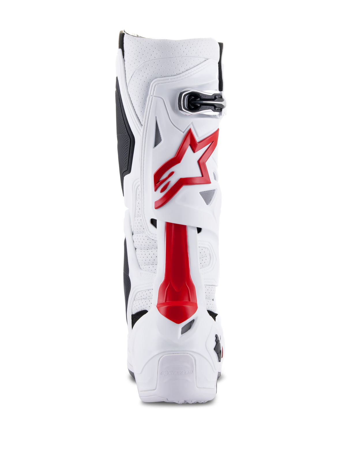 Bottes Alpinestars Tech 10 Supervented, bottes de motocross, blanc et rouge vif, vue arrière montrant la microfibre ventilée, le logo étoile rouge et la coque en TPU renforcée pour une performance tout-terrain