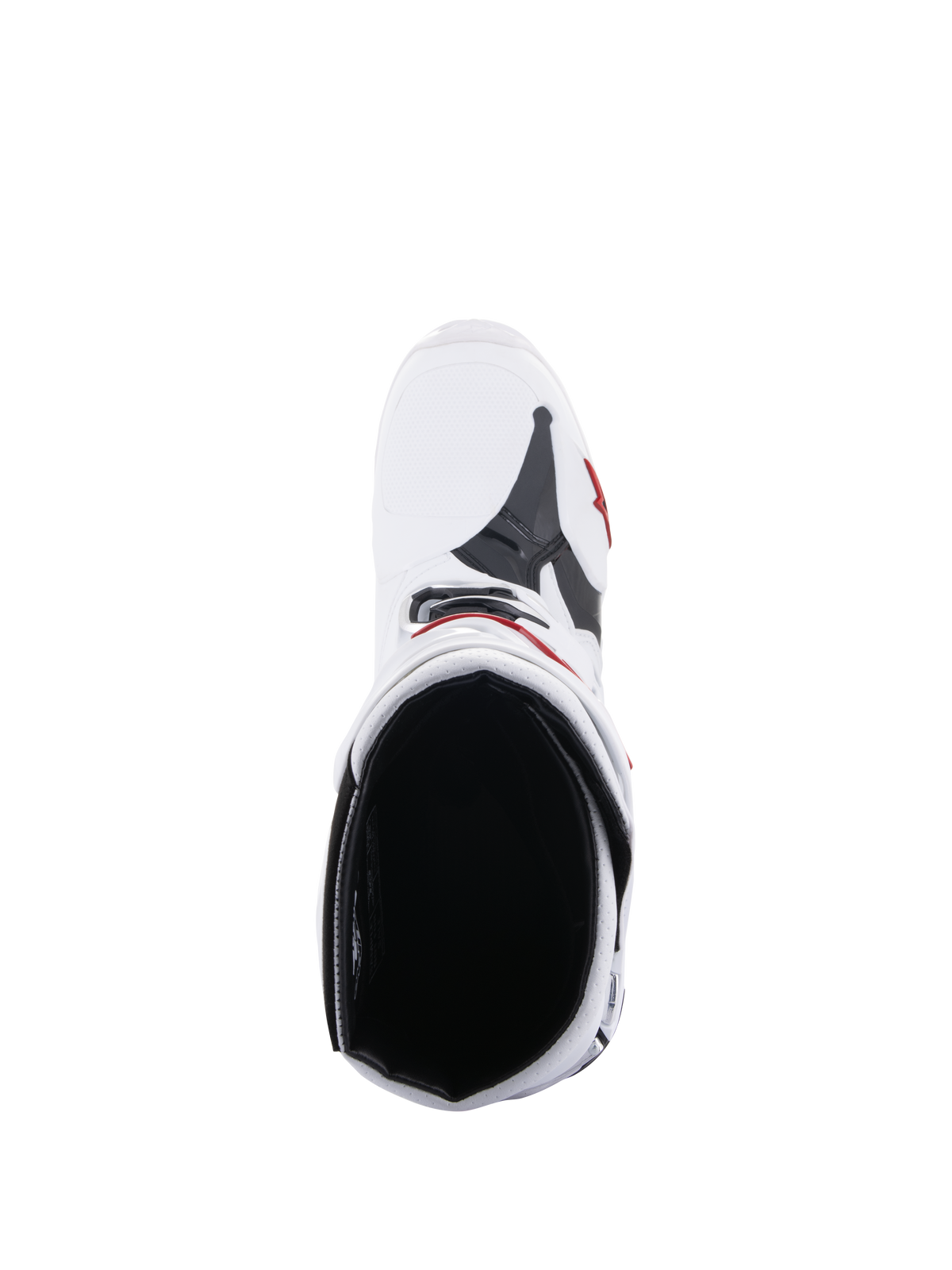 Bottes Alpinestars Tech 10 Supervented, bottes de motocross, blanc et rouge vif, vue de dessus montrant la doublure intérieure en mesh et la construction supérieure ventilée, équipement de course tout-terrain haute performance