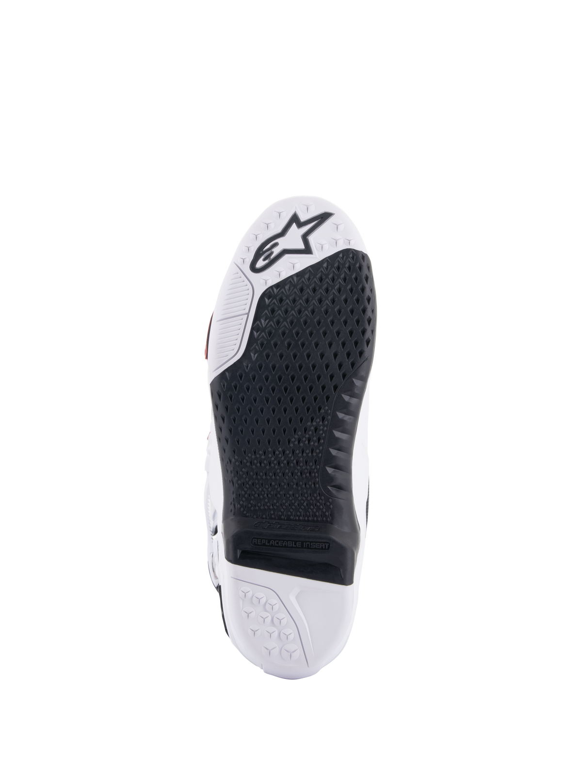Bottes Alpinestars Tech 10 Supervented, vue de la semelle blanche et noire, design d'adhérence en nid d'abeille étendu, insert central noir remplaçable, pointe blanche avec logo étoile Alpinestars, optimisée pour le contrôle sur les repose-pieds de motocross