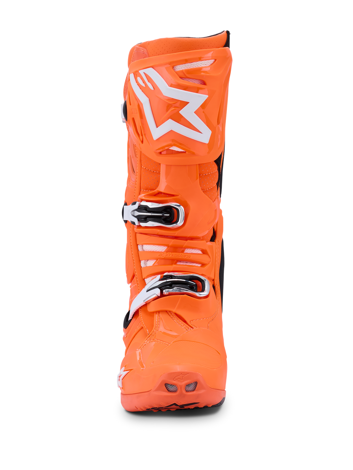 Alpinestars Tech 10 Supervented Boots, Orange Fluo Black White, front view of a single bright neon orange motocross boot, white Alpinestars star logo on the shin plate, mechanical buckles and perforated ventilation ports for off-road performance.
