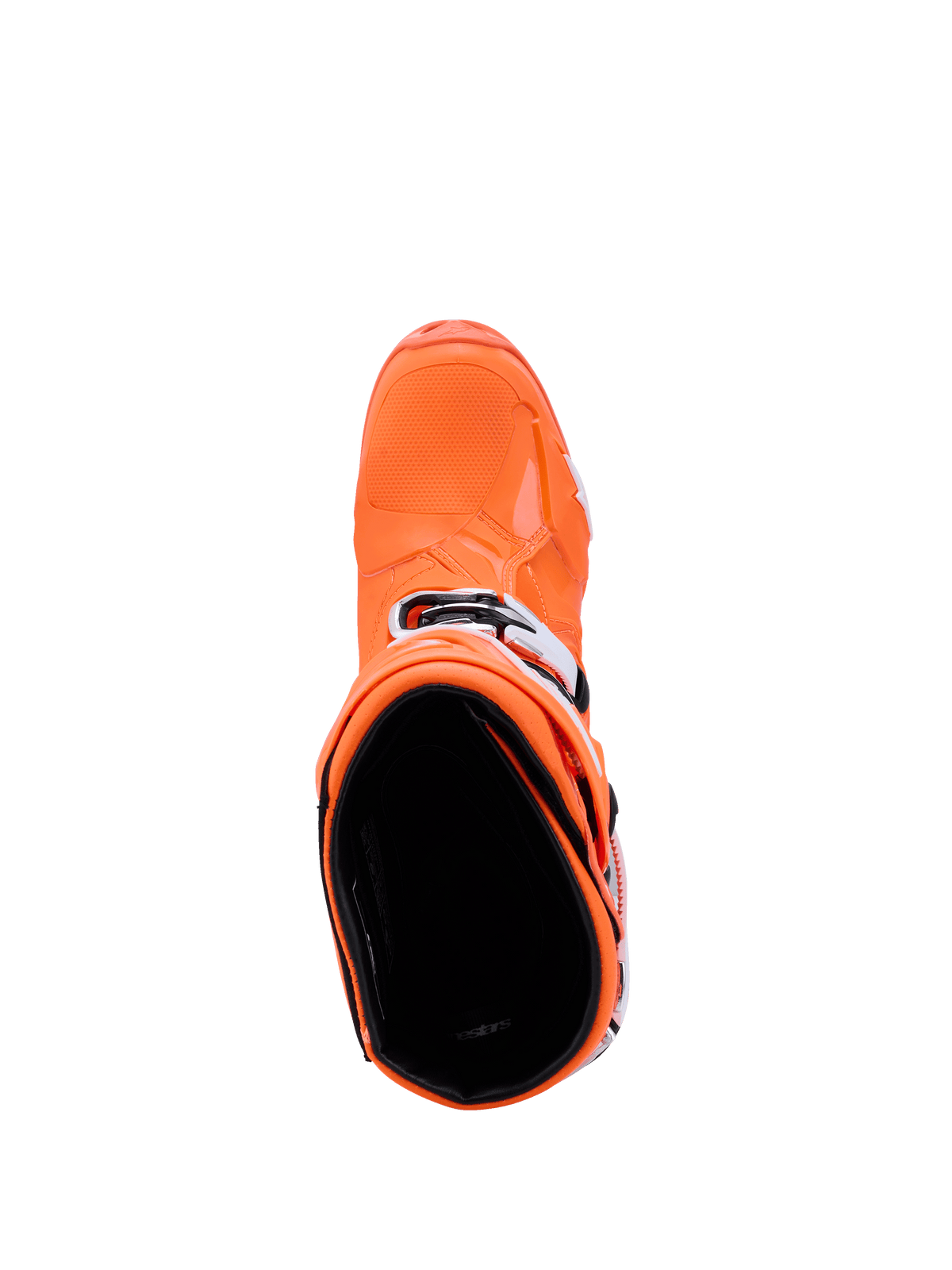 Alpinestars Tech 10 Supervented Boots, Orange Fluo Black White, top-down view looking into the boot interior, showing the textured toe box and side buckles, advanced motocross racing footwear