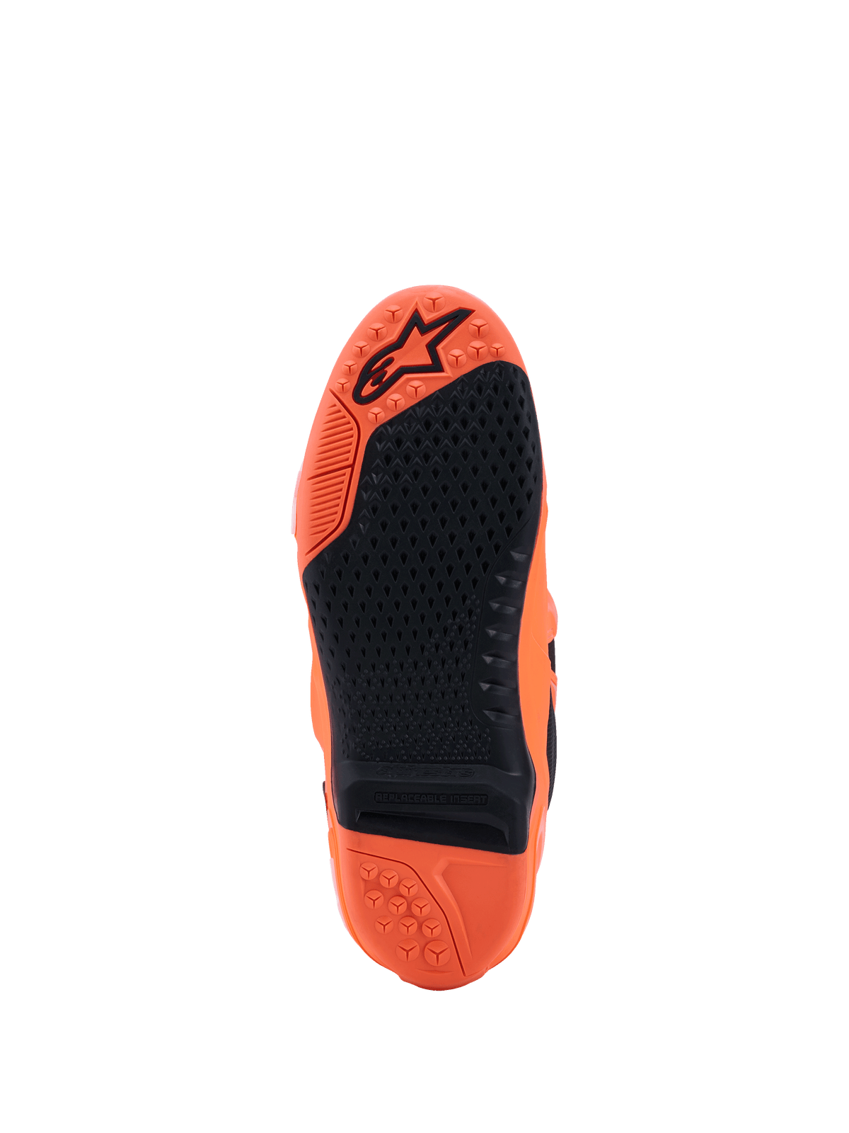 Alpinestars Tech 10 Supervented Boots, Orange Fluo and Black, sole view featuring a textured black rubber grip, replaceable center insert, and embossed logo on the orange tread, designed for motocross performance.