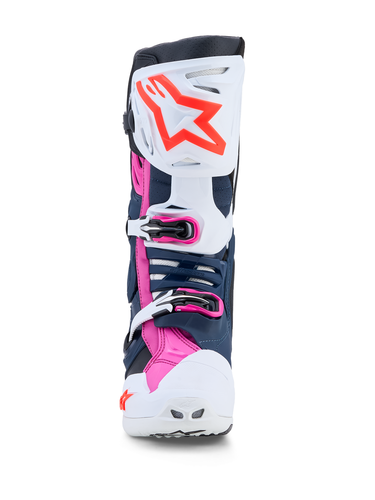 Alpinestars Tech-10 Supervented MX boots in white, dark blue, and fuchsia, with ventilated TPU panels for off-road racing.