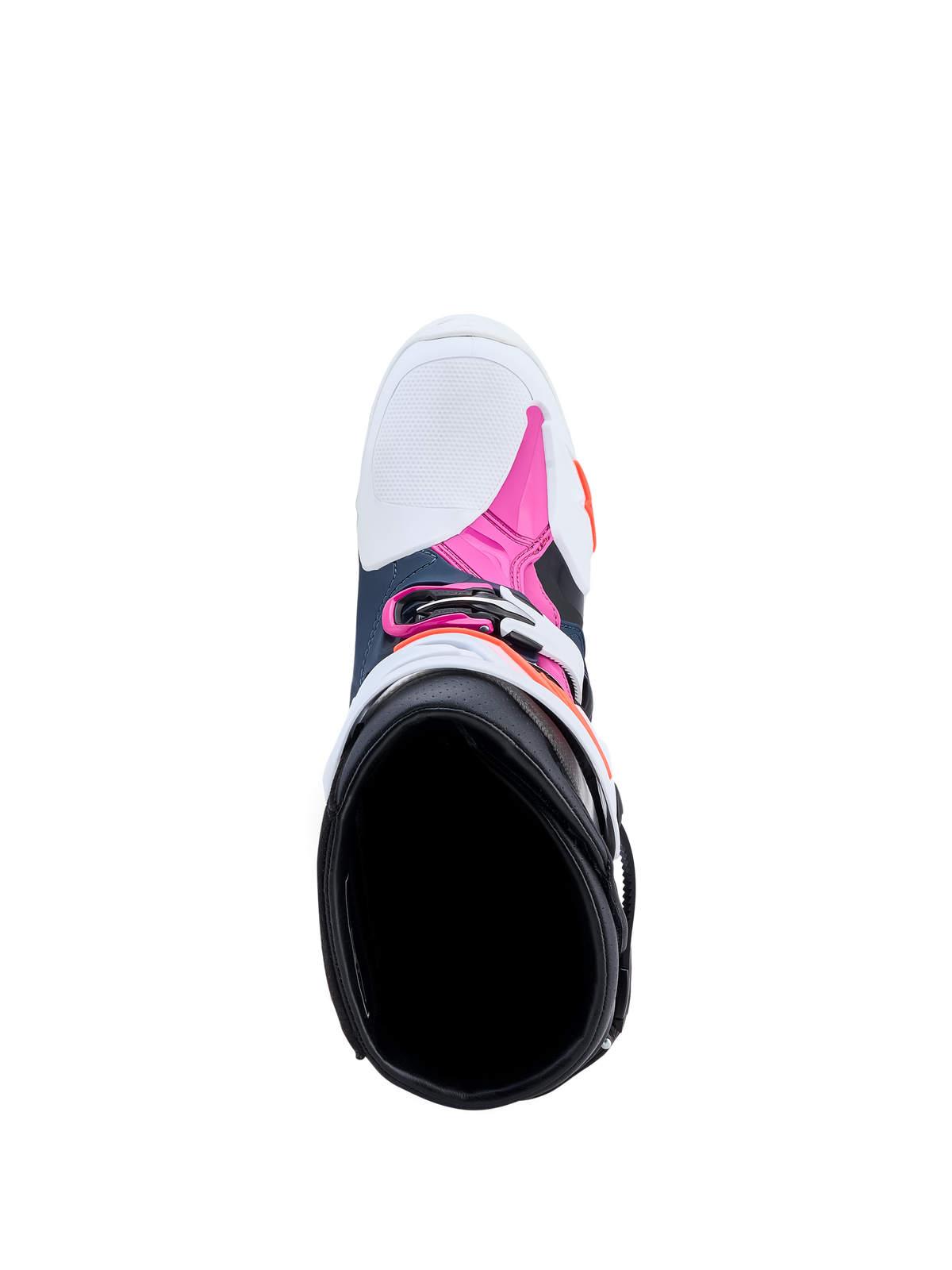 Alpinestars Tech-10 Supervented Motocross Boots in Dark Blue, White, and Fuchsia, top-down view of interior.