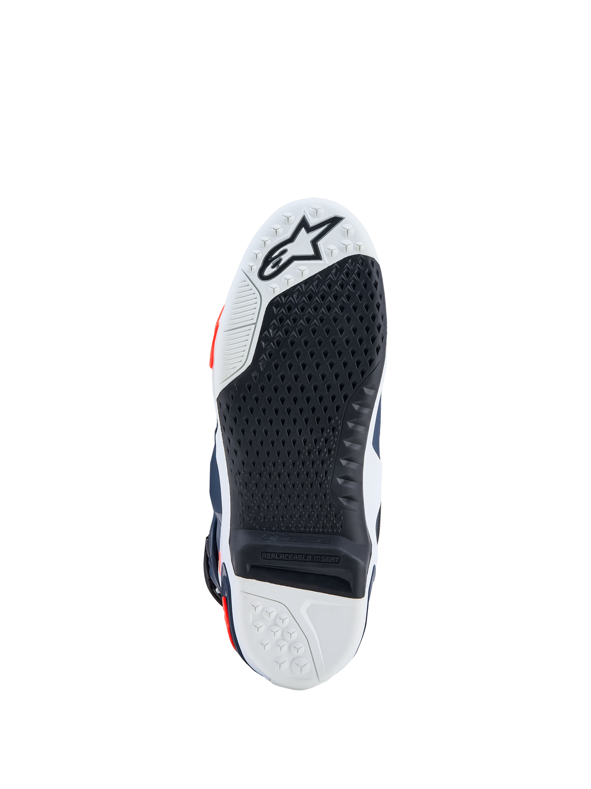 Alpinestars Tech-10 Supervented motocross boots, black and white sole featuring a replaceable high-grip center insert.