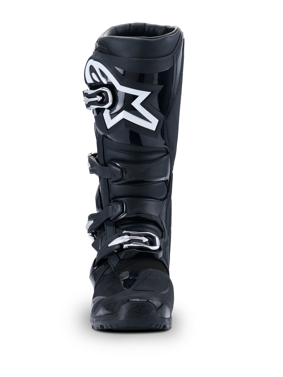 Alpinestars 2026 Tech 7 Enduro Drystar® Boots, Black Motocross Boots, front view, featuring a durable four-buckle closure system and prominent white star logo on the shin area, designed for off-road and enduro performance