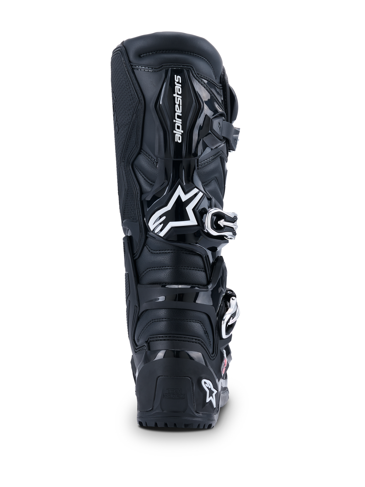 Alpinestars 2026 Tech 7 Enduro Drystar® Boots, Motocross Boots, Black, rear view featuring white Alpinestars logo on the calf, durable TPU protection panels, and rugged construction for off-road and enduro riding