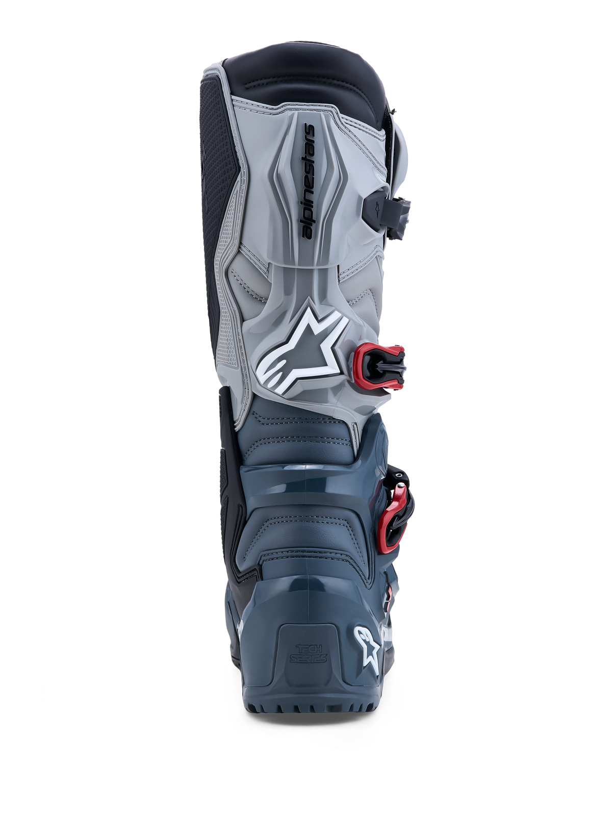 Alpinestars Tech 7 Enduro Drystar®, bottes tout-terrain gris foncé et rouges, imperméables, protection TPU, vue de dos.