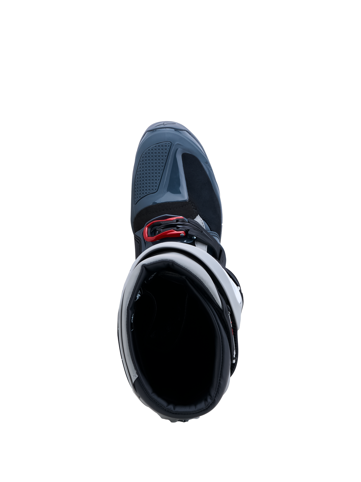 Bottes Alpinestars Tech 7 Enduro Drystar, bottes de moto tout-terrain grises et rouges, imperméables avec membrane Drystar, vue de dessus montrant la boucle supérieure et l'ouverture.