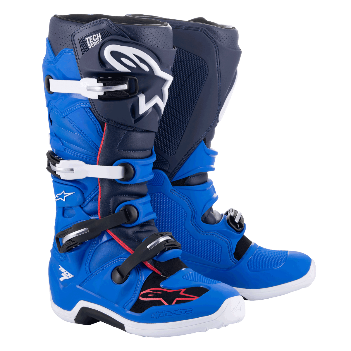 Alpinestars Tech 7 Boots, Motocross Boots, Alpine Blue, Night Navy, and Bright Red, featuring white and black aluminum buckles, large white star logo on the shin, and durable white soles, protective gear for off-road racing.