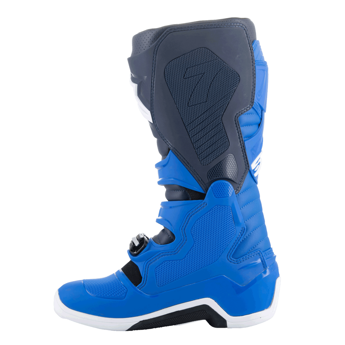 Alpinestars Tech 7 Boots, Motocross Boots, Alpine Blue, Night Navy, and Bright Red, medial side view showing protective TPU panels and reinforced construction for off-road racing