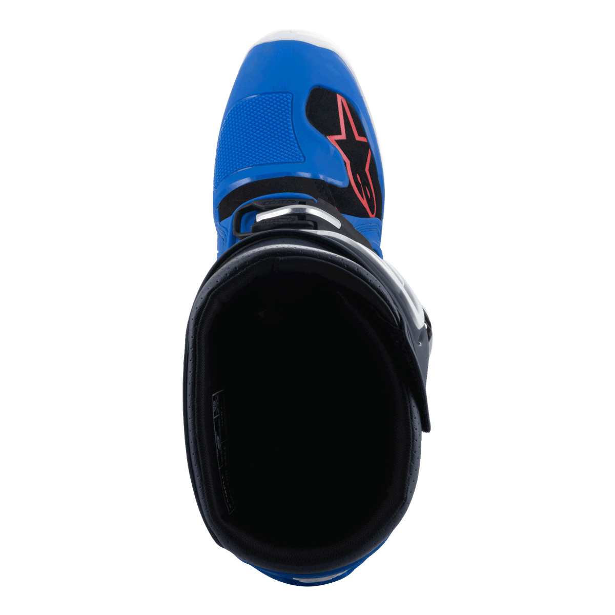 Alpinestars Tech 7 Boots, Motocross Boots, Alpine Blue Night Navy and Bright Red, top-down view looking into the boot interior, featuring a blue toe box with a red star logo and black lining, professional off-road racing footwear