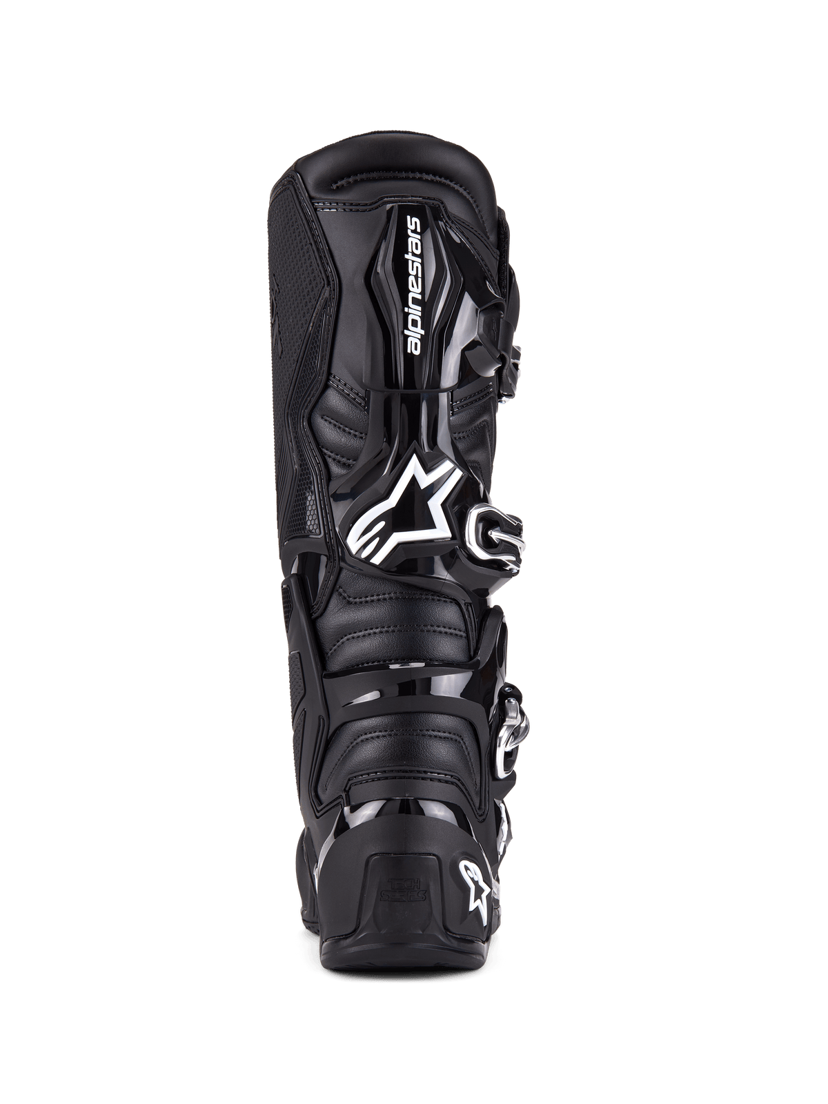 Bottes Alpinestars Tech 7, bottes de motocross, noir, vue arrière avec protection en TPU, système de fermeture à boucles et logos emblématiques