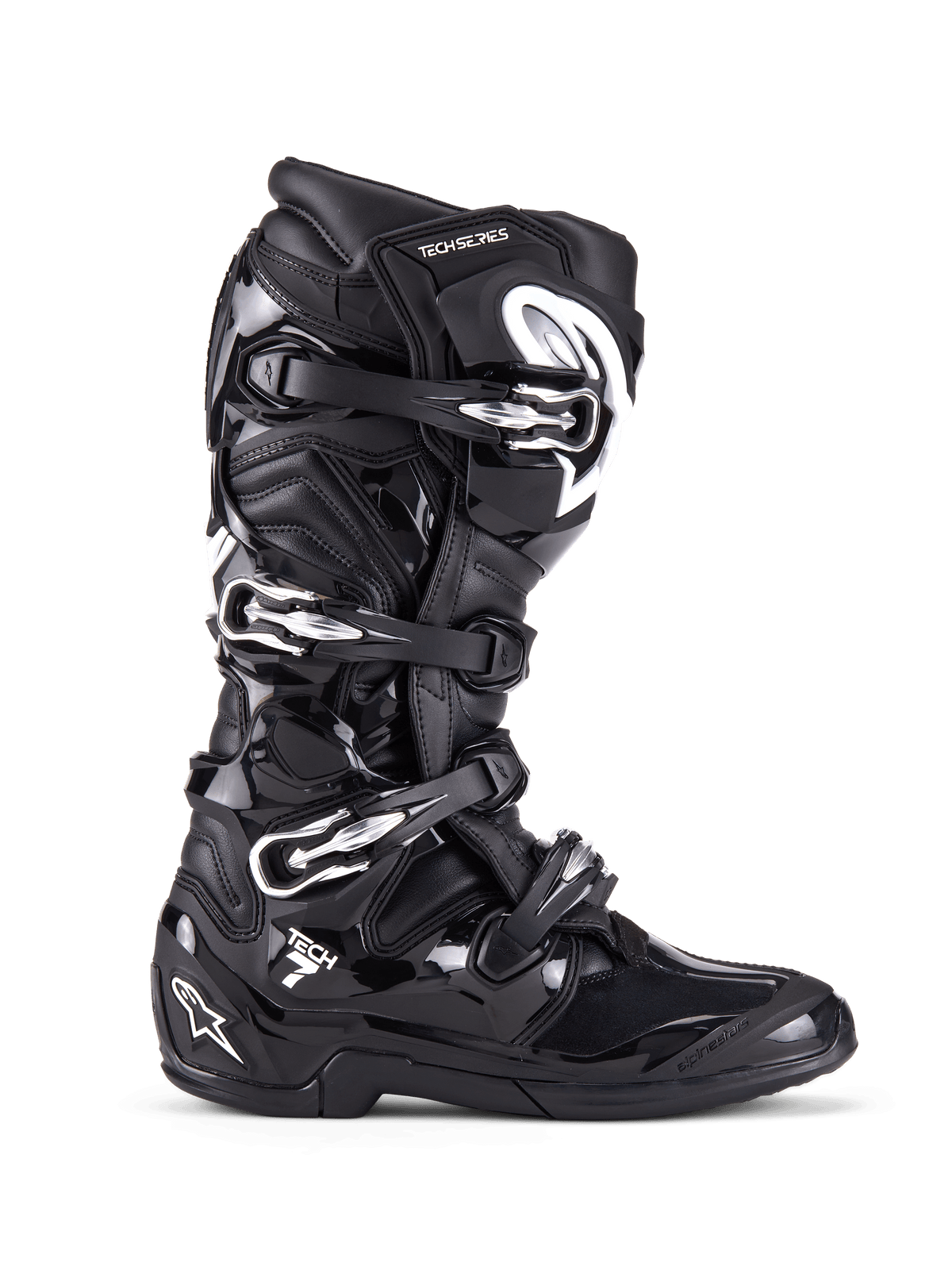 Bottes Alpinestars Tech 7, bottes de motocross tout-terrain, noires avec boucles argentées et accents blancs, vue de profil présentant quatre boucles en aluminium à dégagement rapide, coque en TPU durable et panneaux texturés pour une protection tout-terrain
