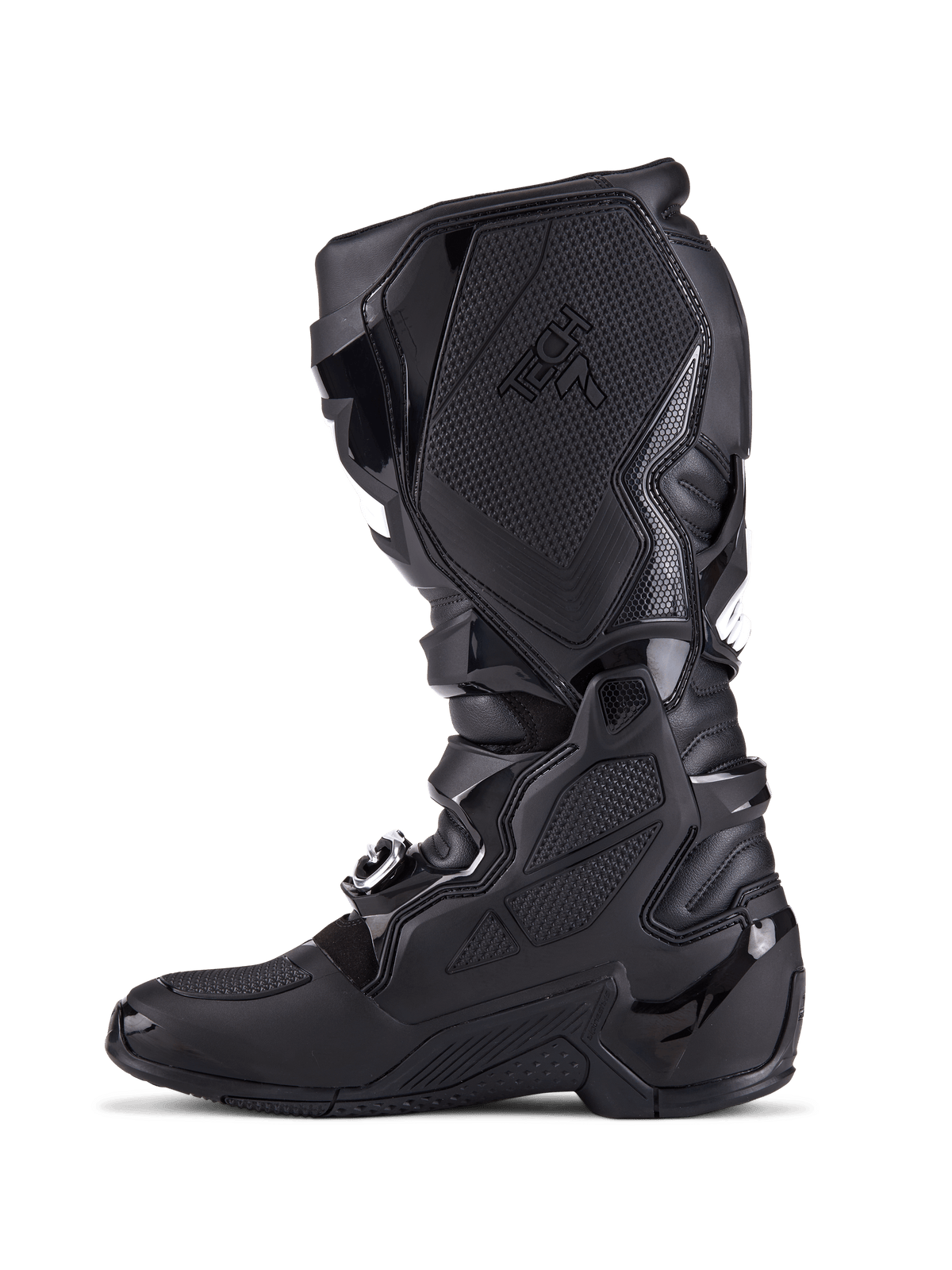 Bottes Alpinestars Tech 7, bottes de motocross, entièrement noires, vue de profil montrant les plaques de protection en TPU, le système de fermeture à boucles et les panneaux de préhension texturés, chaussures de pilotage tout-terrain professionnelles