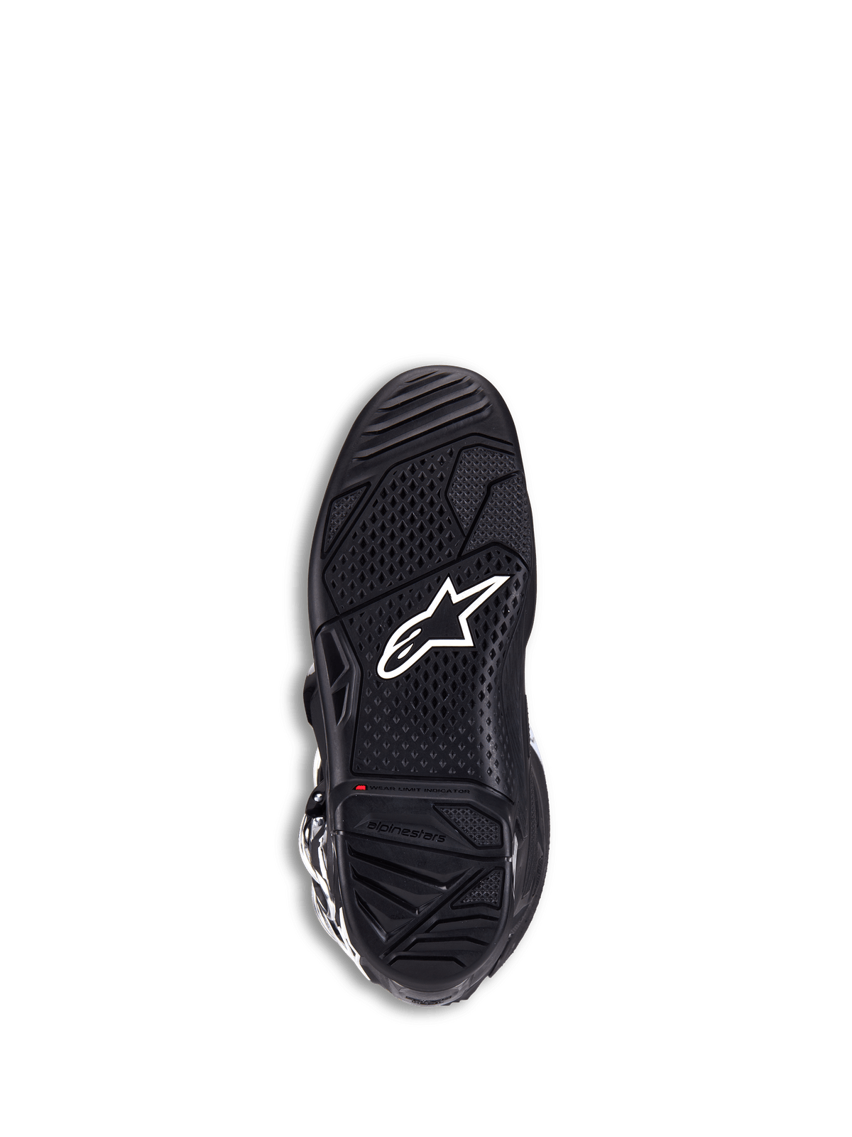 Bottes Alpinestars Tech 7, bottes de motocross, noir, vue de la semelle extérieure avec logo étoile blanc, caoutchouc bi-composé texturé pour une adhérence maximale, indicateur de limite d'usure rouge
