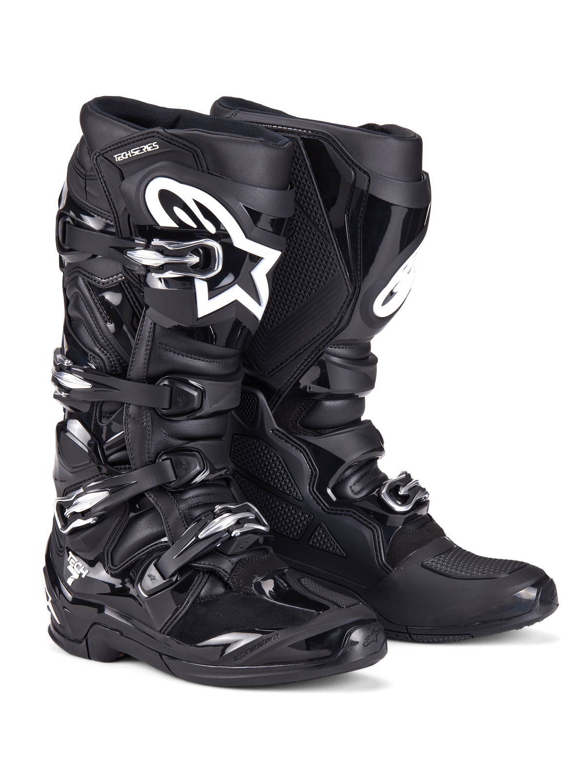Bottes Alpinestars Tech 7, bottes de motocross, noir, dotées d'une construction robuste avec un système de fermeture à quatre boucles, des panneaux de protection en TPU et un logo Alpinestars blanc sur le tibia, chaussures tout-terrain professionnelles pour la course sur piste