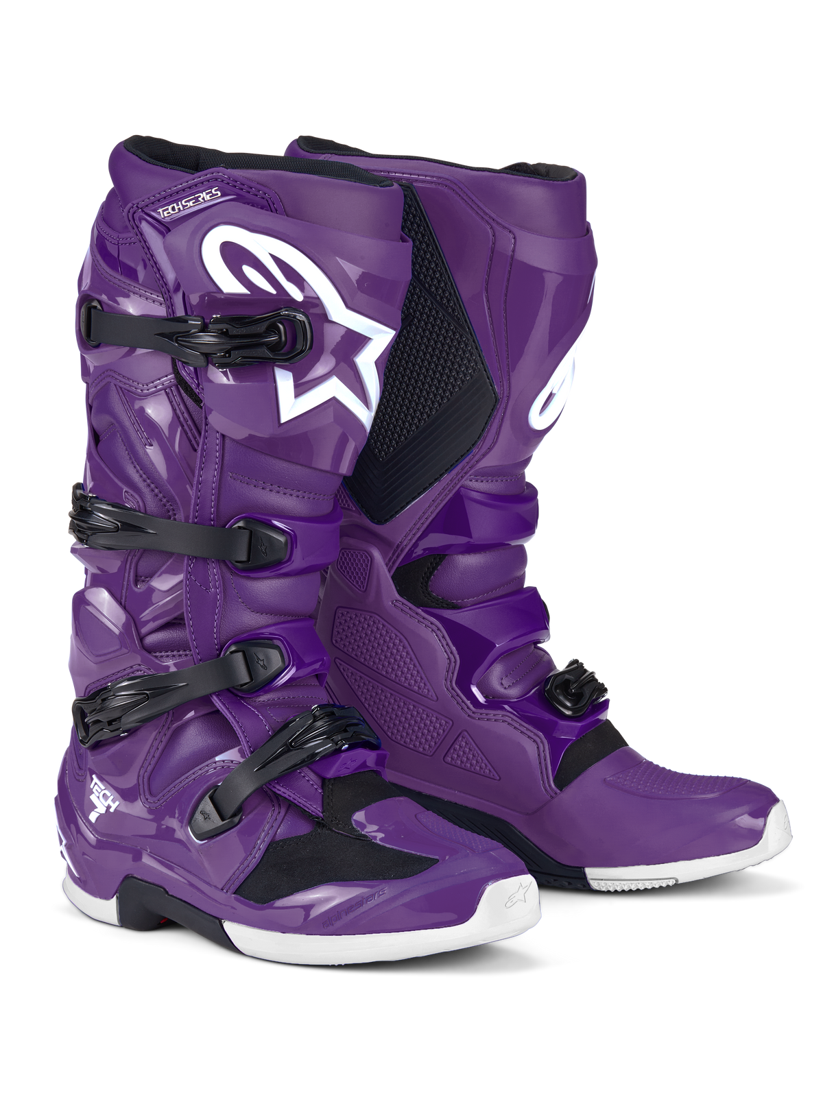 Alpinestars Tech 7 Boots, Motocross Boots, Purple, featuring black buckles and a large white Astars logo, high-performance protective design with four-strap closure and durable TPU shell for off-road dirt racing