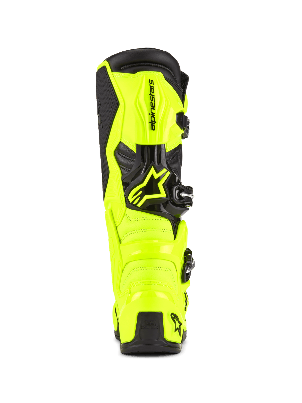 Bottes de motocross Alpinestars Tech 7, jaune fluo et noir, vue arrière montrant la construction protectrice en TPU et le renfort au talon, logo Alpinestars proéminent, design haute visibilité pour la performance tout-terrain.